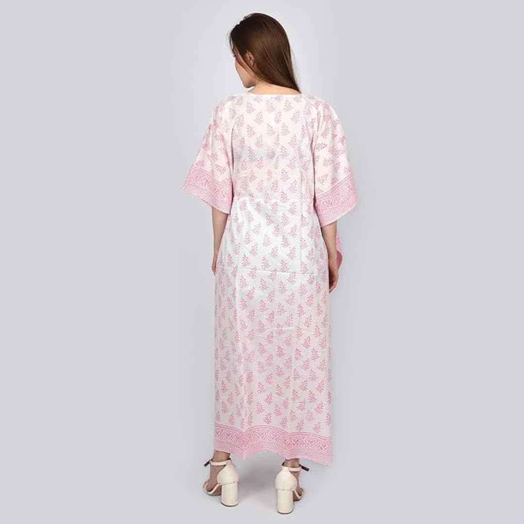 Handmade Cotton Block Print Caftan Dress - Boho Maxi Beach Cover Up, Women's Flowy Kaftan for Summer Vacation, Poolside Lounging & Evening Outfits