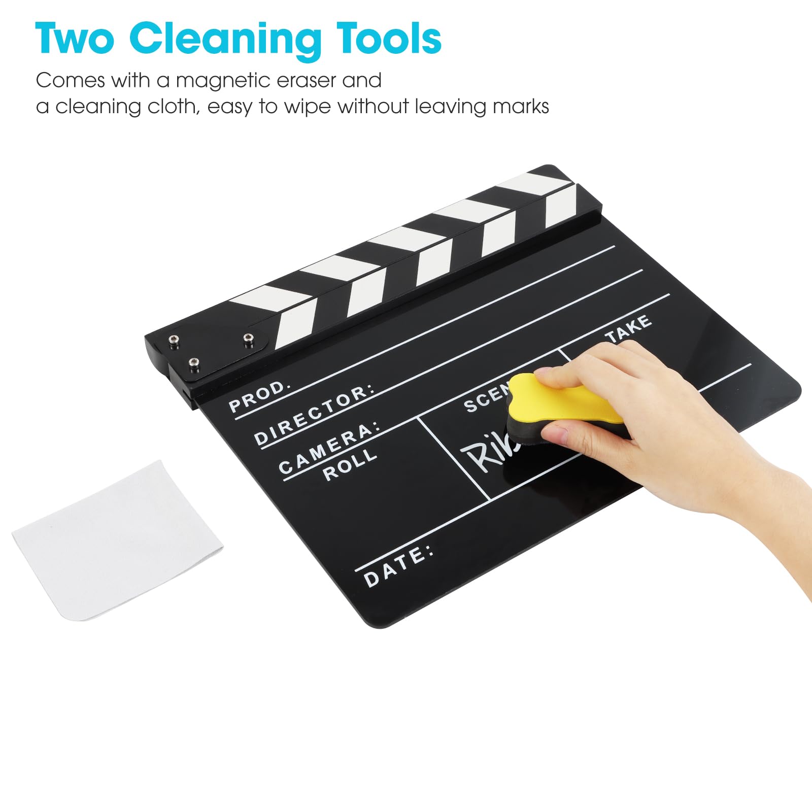 Professional Directors Clapboard for Film & Video Production - Hollywood Slate with Magnetic Blackboard Eraser, 2 Custom Pens, Cleaning Cloth & Hex Wrench - Perfect for Movie Sets, TV Shows, YouTube Videos & Student Filmmaking