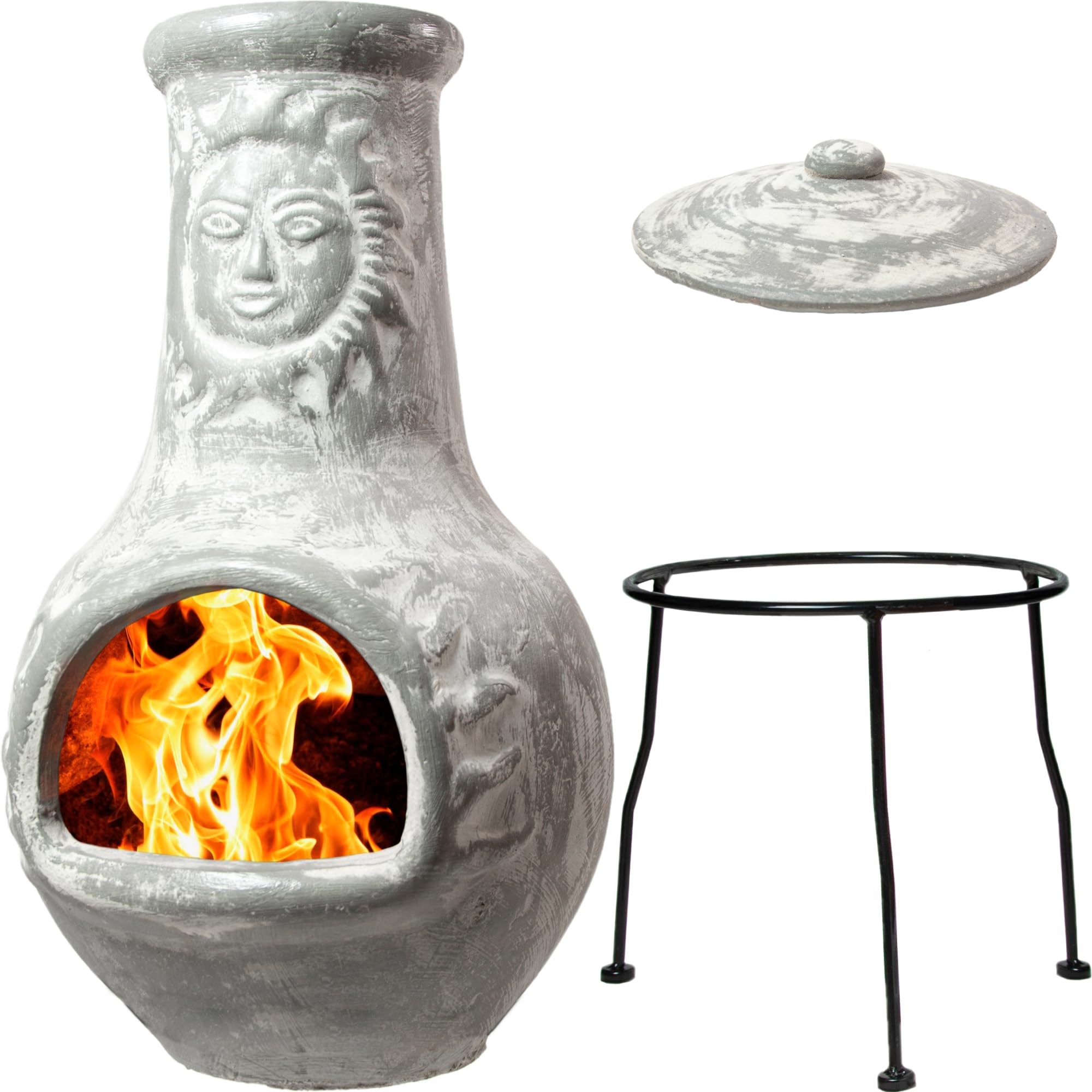 Wiosi Medium Grey Clay Chiminea Outdoor Fireplace with Chimney Rain Lid & Metal Stand - 16x16x32 Inch Rustic Terracotta Chimenea for Patio, Garden, Backyard, Camping & Outdoor Gatherings