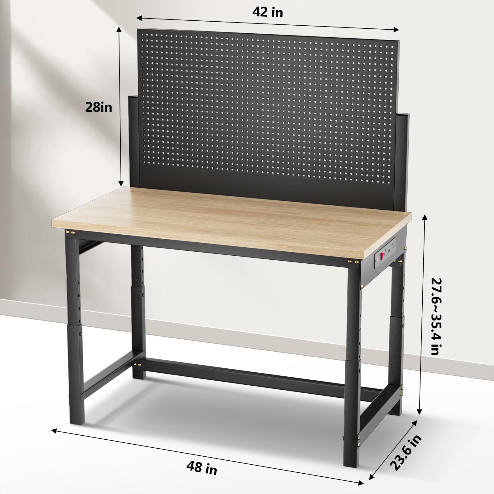 Heavy Duty Adjustable Height Workbench with Pegboard & Power Outlets - 47.2