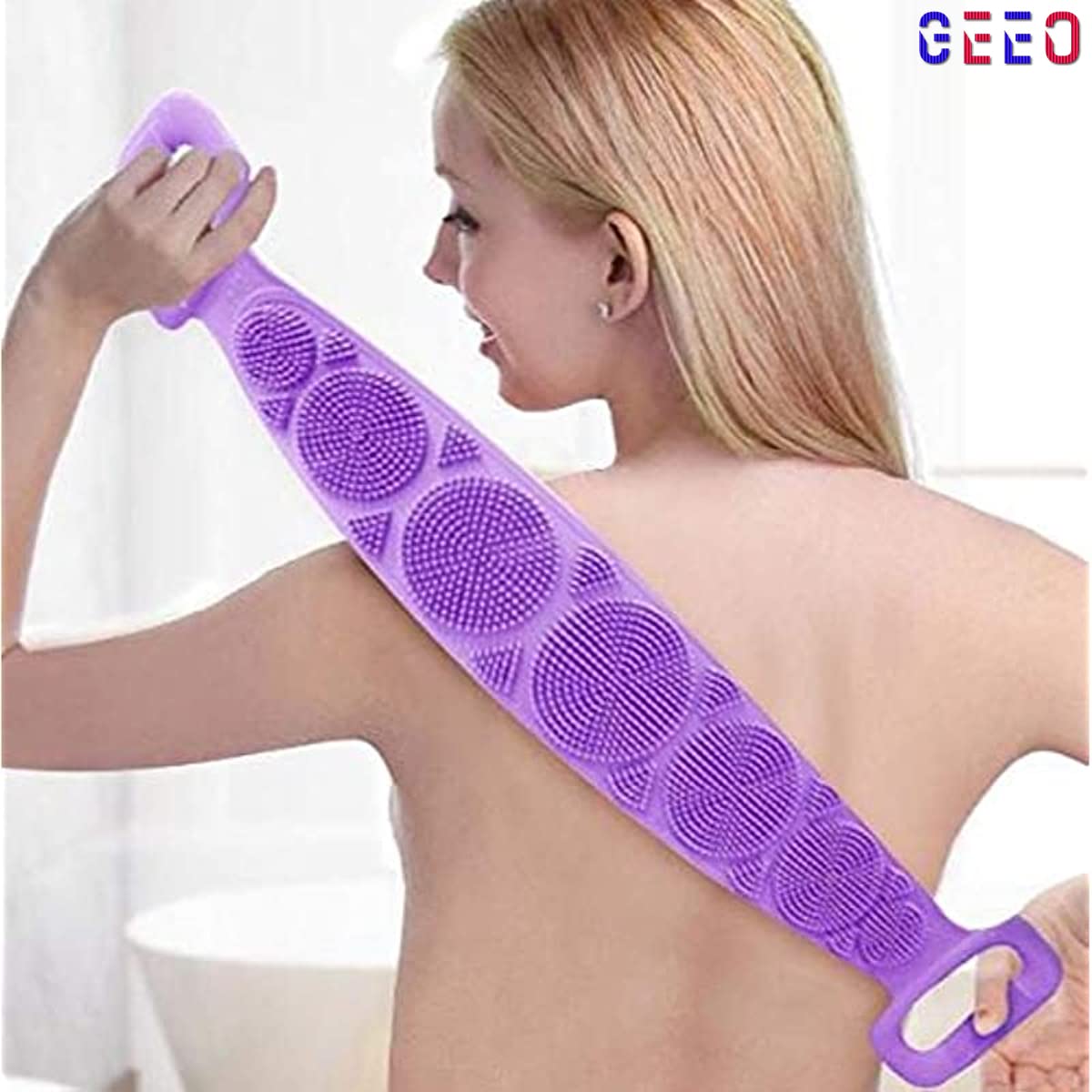 GEEO Silicone Body Scrubber Belt - Dual-Sided Exfoliating Shower Scrubber for Deep Cleansing, Replaces Bath Towel & Loofah - Perfect for Spa, Gym, and Home Shower Routine