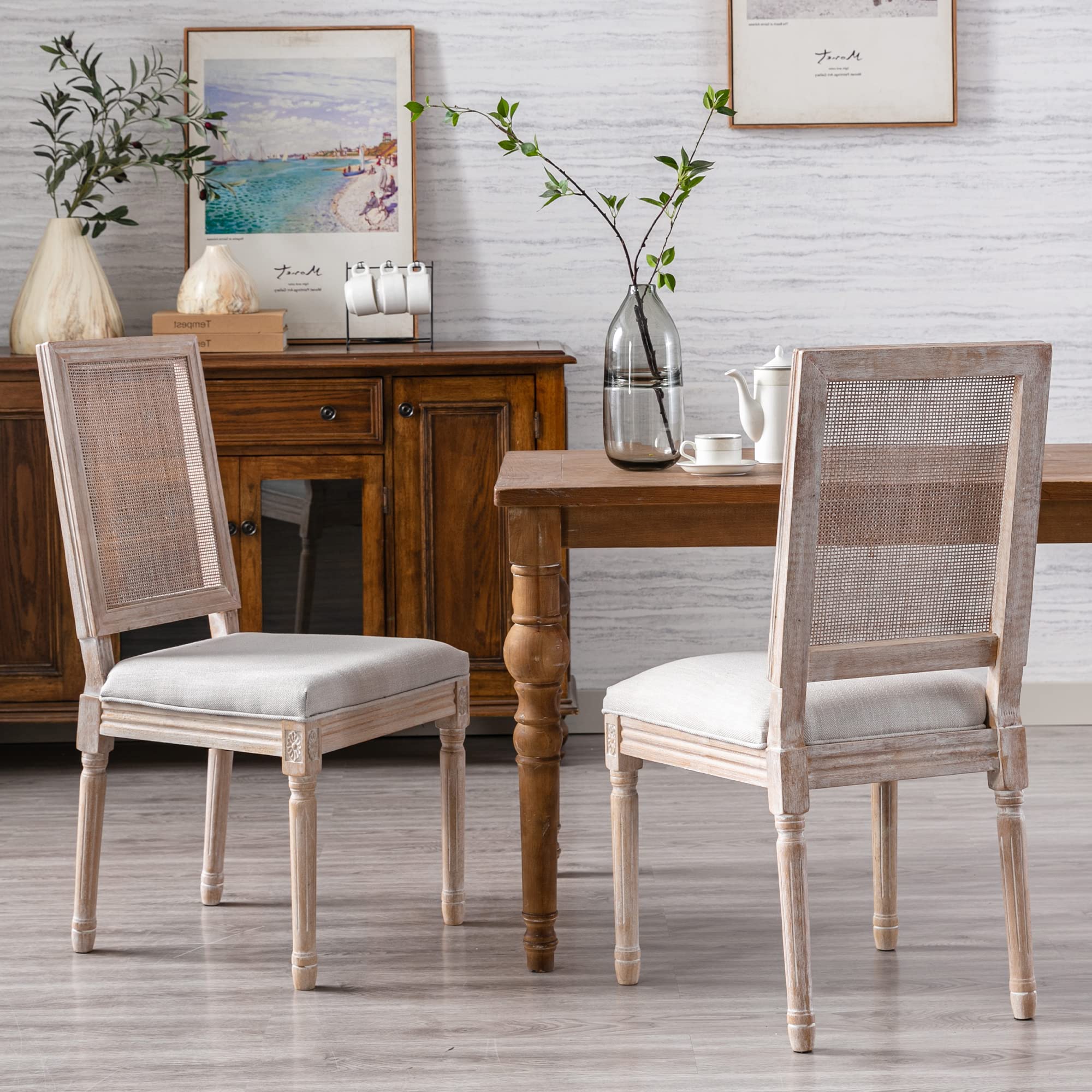 Farmhouse Dining Chairs Set of 2 - Rattan Back French Country Kitchen Chairs with Vintage Fabric Upholstery & Rustic Wood Legs - Beige - Perfect for Dining Room, Kitchen, Breakfast Nook or Farmhouse Decor