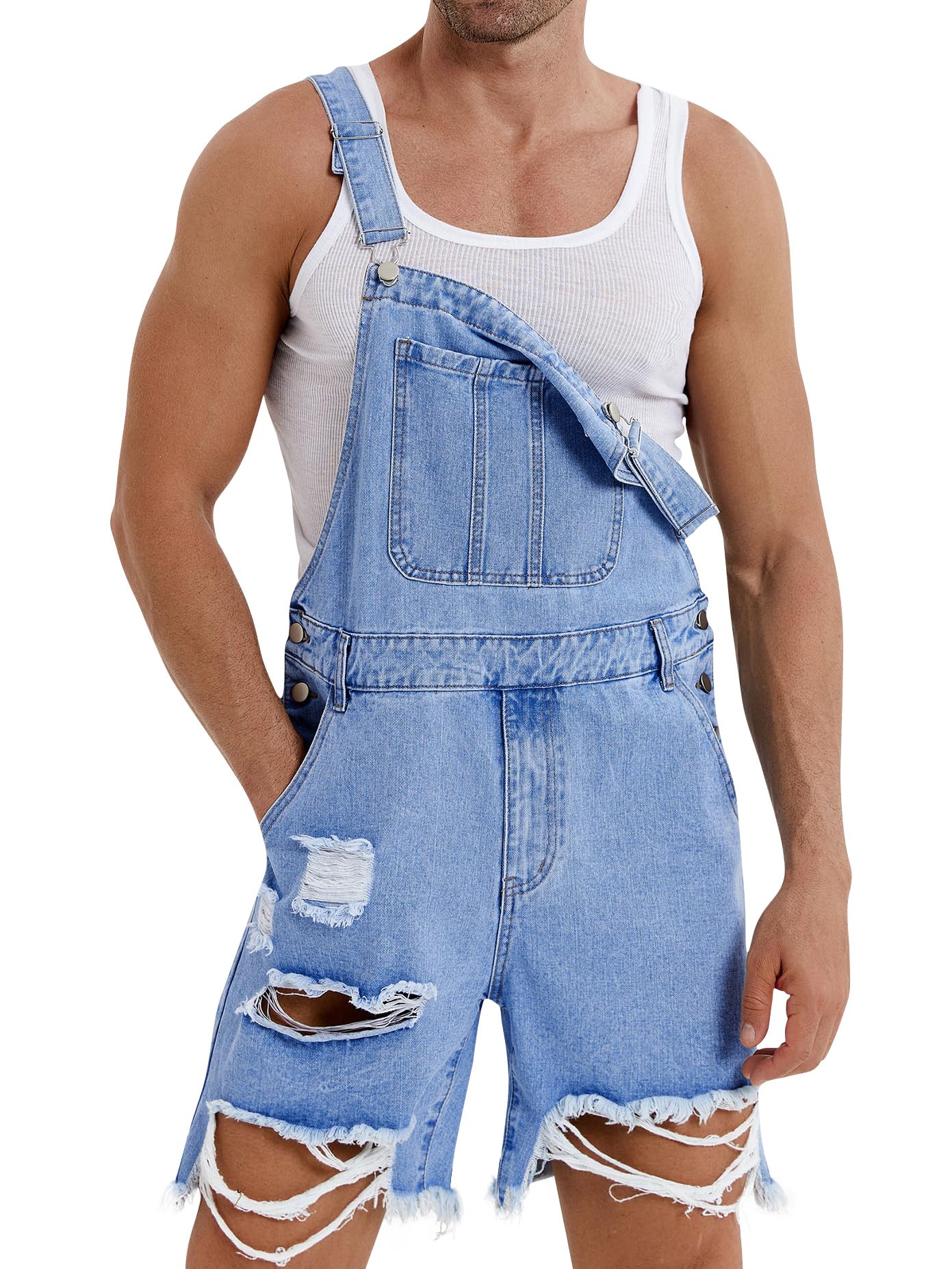 Runcati Men's Denim Shorts Bib Overalls - Loose Fit Jean Romper with Button Pockets | Casual Summer Jumpsuit for Outdoor Activities, Beach & Streetwear