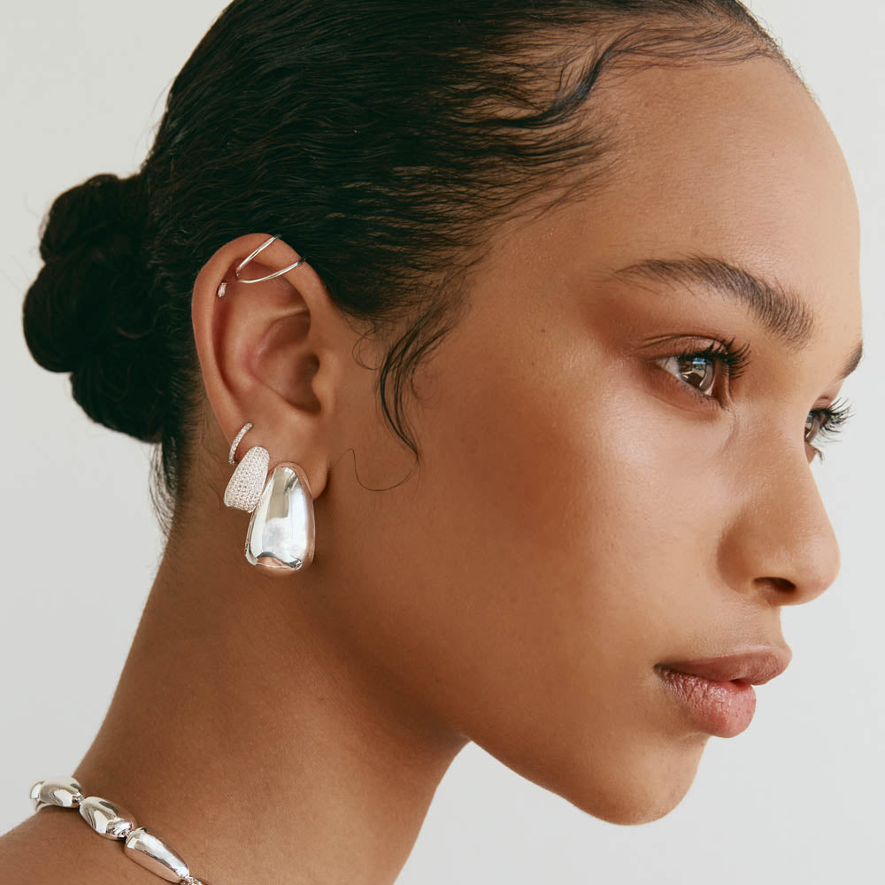 Silver Drop Dome Hoops Earrings for Women - Elegant Dangle Earrings for Party, Wedding & Everyday Wear