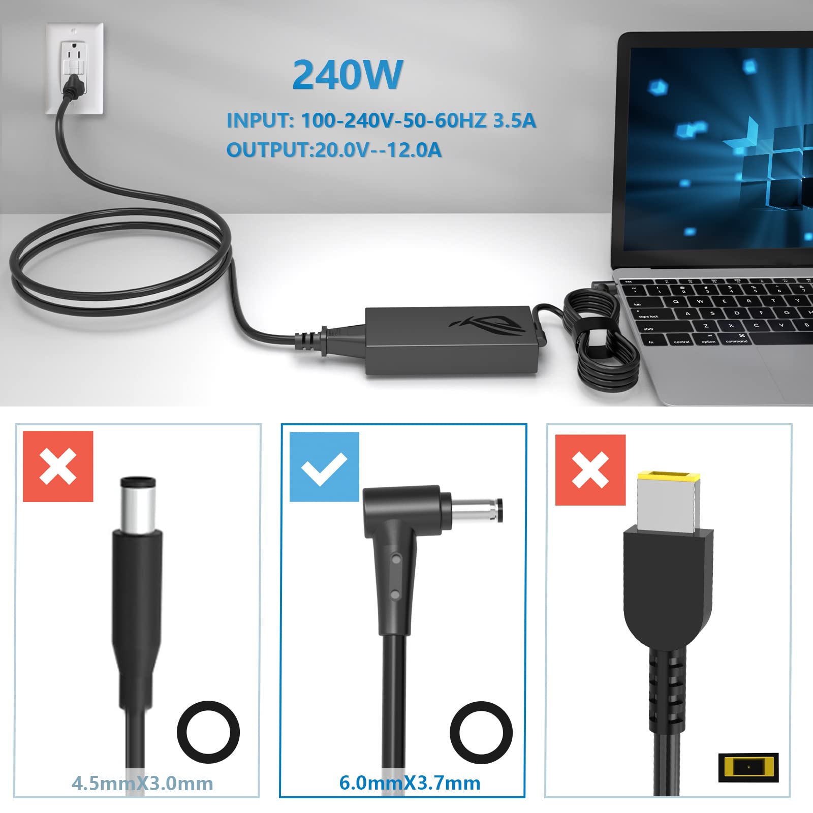 240W ASUS ROG Zephyrus Laptop Charger - Compatible with G14 G15 G16 S15 S17 M15 M16 GX550LXS RTX2080 & Strix Scar 15/17 - Fast Charging Power Adapter (ADP-240EB B Model) - Perfect for Gaming, Work & Travel