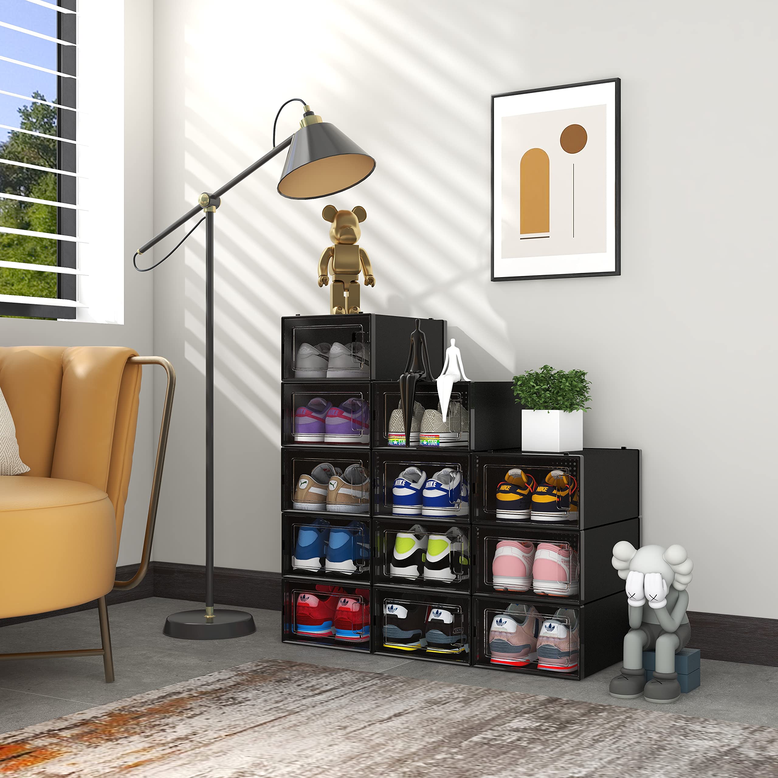 12 Pack Black Plastic Shoe Organizer Boxes - Stackable Shoe Storage Bins for Closet, Space Saving Shoe Holder & Sneaker Display Case for Medium Size Shoes - Perfect for Bedroom, Entryway, and Dorm Organization
