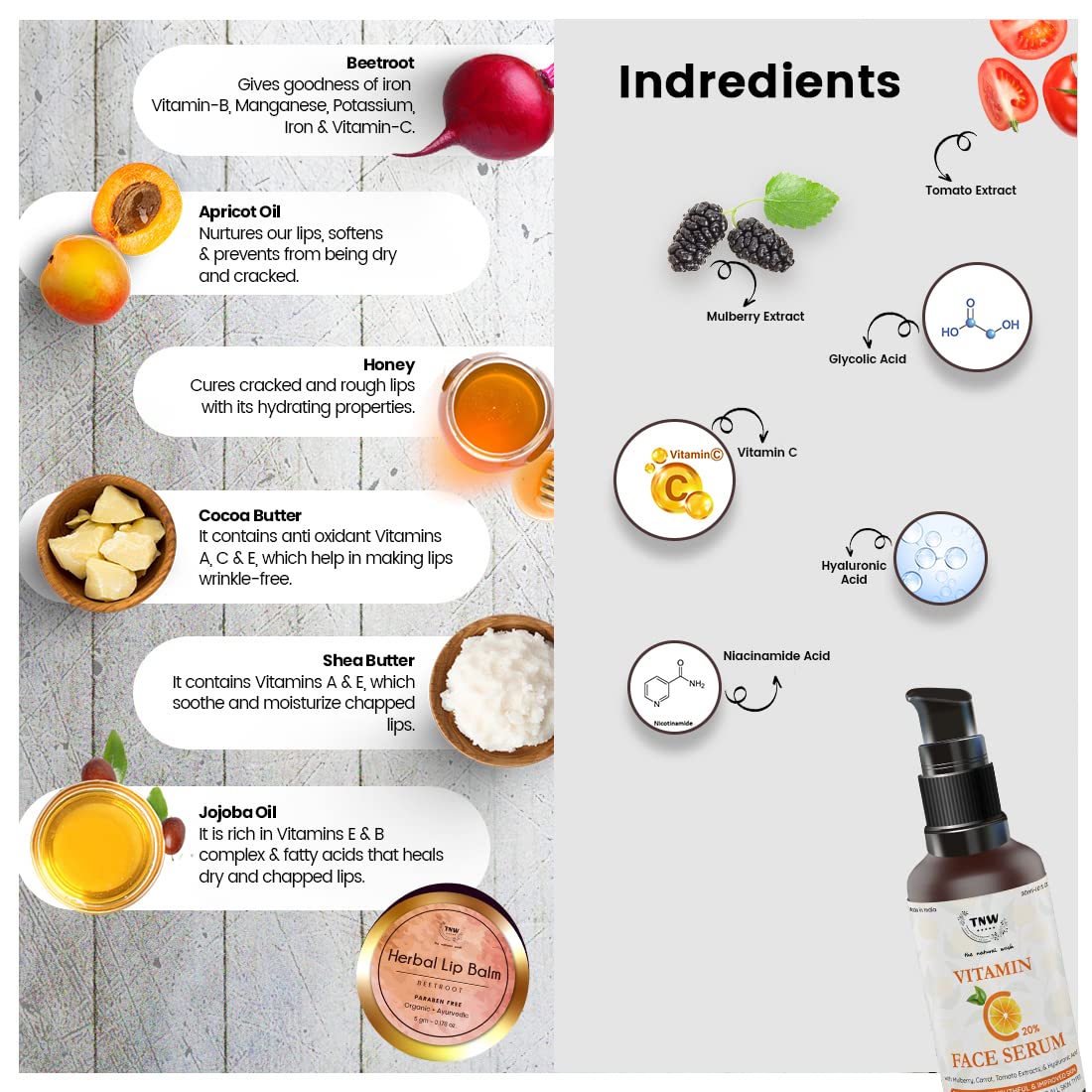 TNW THE NATURAL WASH Vitamin C Face Serum for Glowing Skin - Anti-Aging Brightening Serum with Beetroot Lip Balm | Essential Oils for Dry Chapped Lips | Perfect for Daily Skincare Routine & Nighttime Hydration