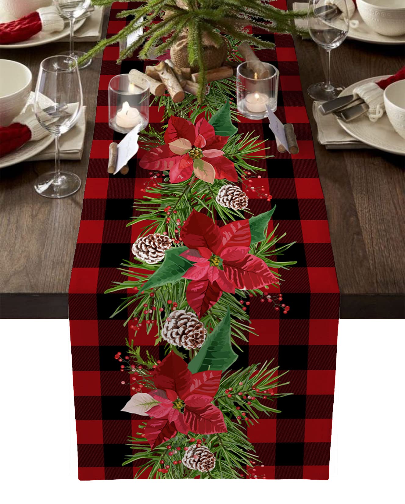 Christmas Cotton Linen Table Runner - 13x70 Inch Red Black Buffalo Plaid with Poinsettia Flowers for Dining Table, Farmhouse Kitchen Decor, Holiday Dinner Party Decoration - Perfect for Christmas, Thanksgiving & Winter Home Decor