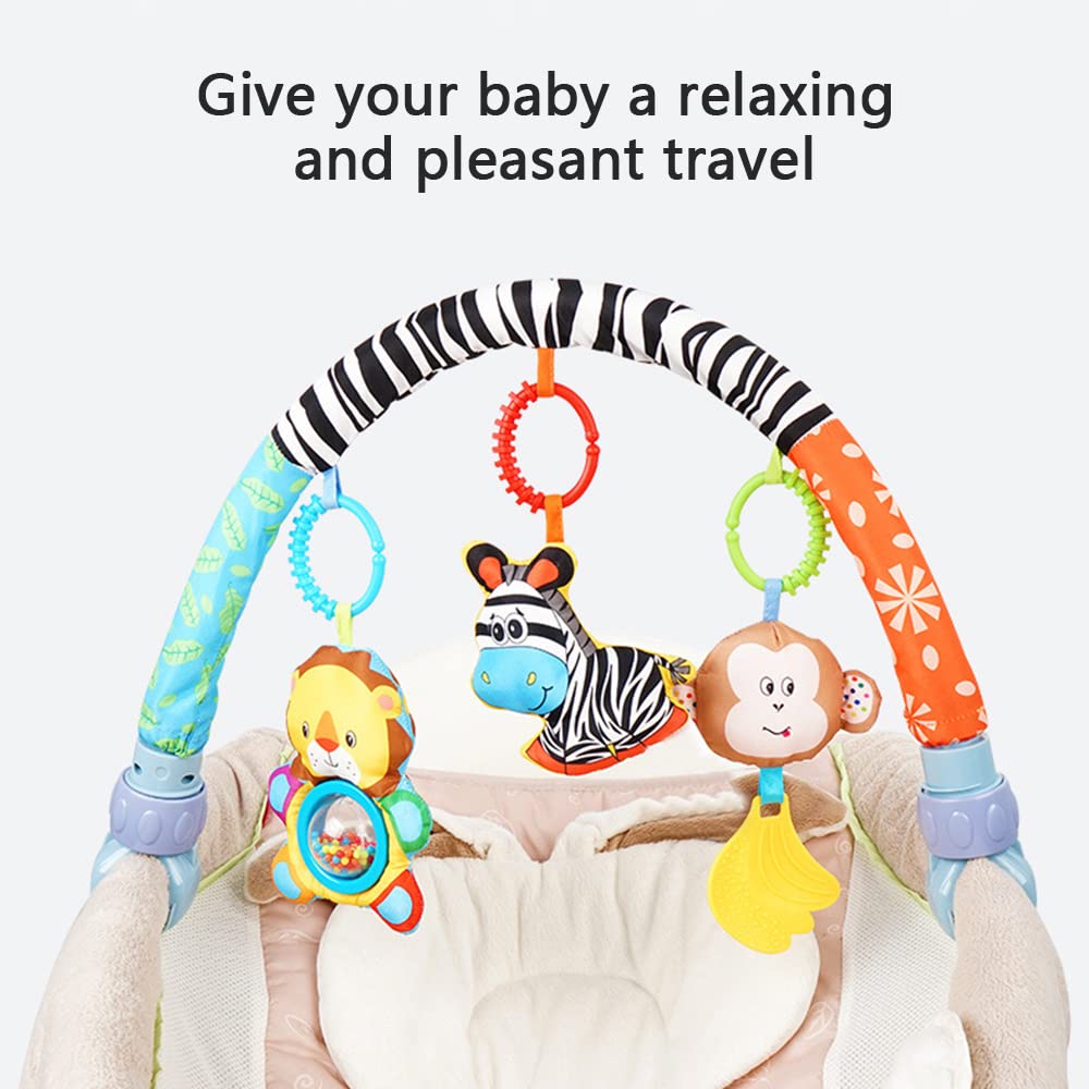 **Adjustable Baby Travel Play Arch - Detachable Musical Activity Toys for Bassinet, Crib, Stroller & Car Seat (11.6-20.2 Inch) with Rattles, Squeaker & Teether - Perfect for On-the-Go Playtime & Sensory Development**