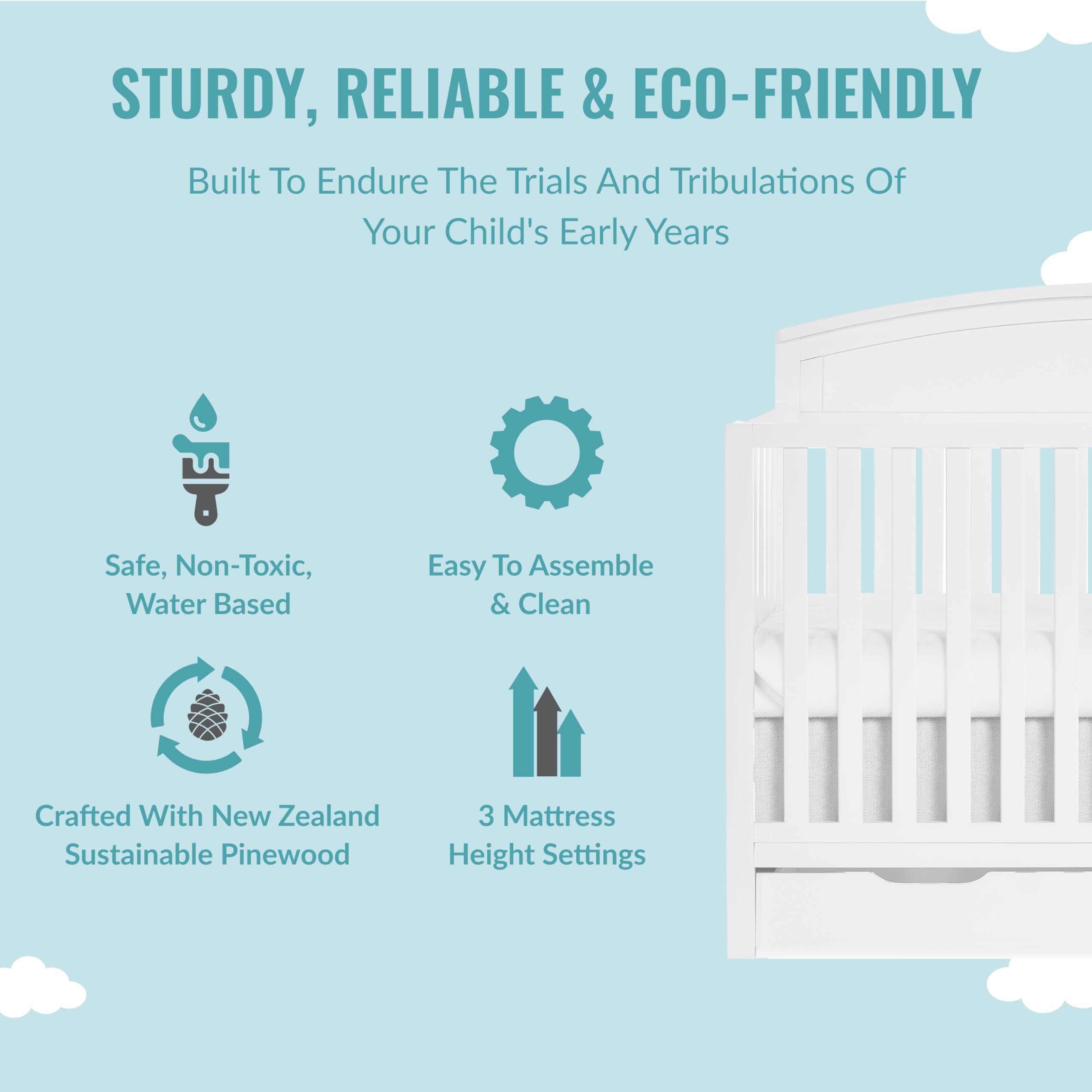 Dream On Me Storybrooke 5-in-1 Convertible Baby Crib with Storage Drawer - White | JPMA & Greenguard Gold Certified | Sustainable Pinewood Construction | Non-Toxic Water-Based Paint | Nursery Furniture for Newborns & Toddlers | Perfect for Small Spaces & Modern Nurseries