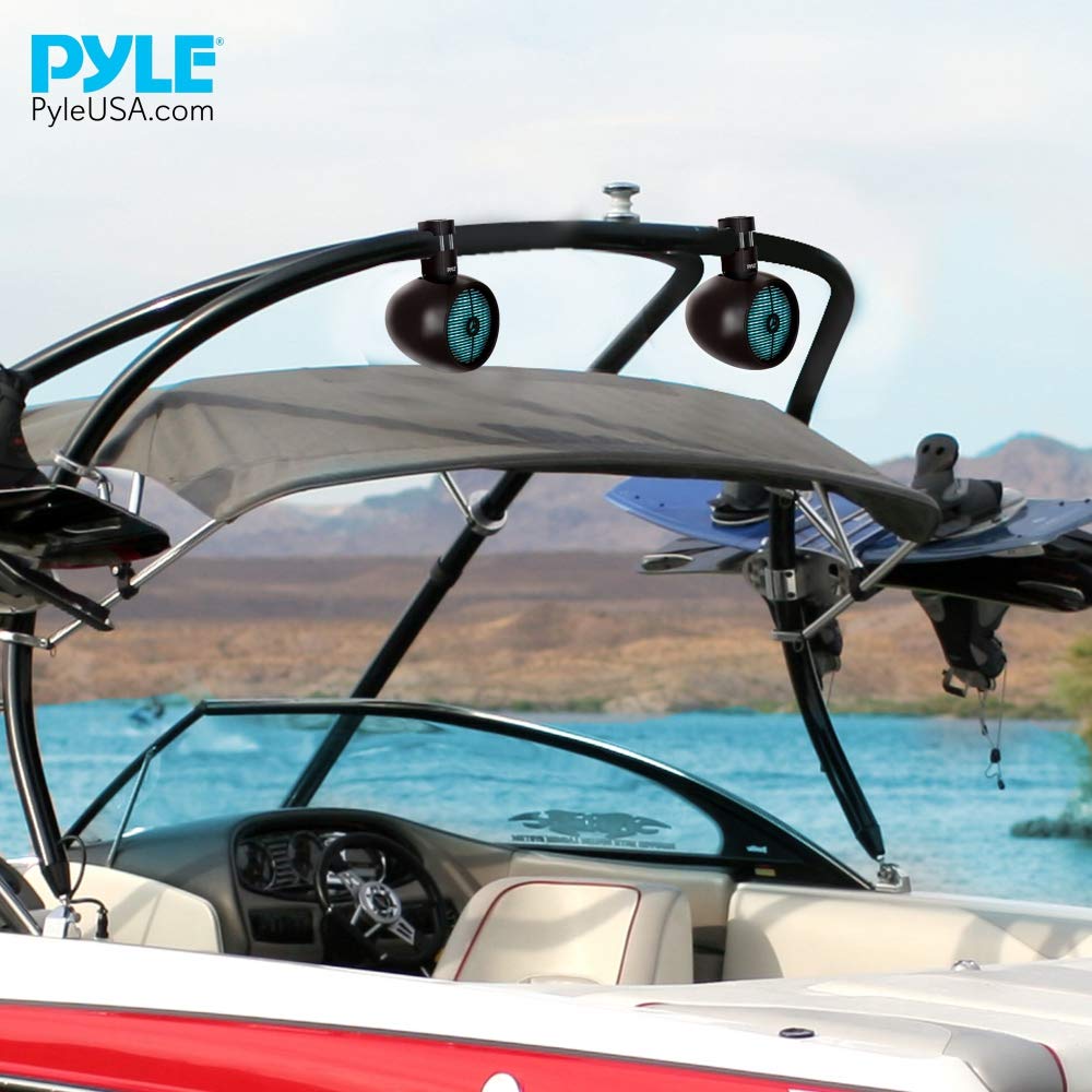 Pyle Marine Speakers - 8 Inch Waterproof IP44 Rated Wakeboard Tower Speakers with Built-in LED Lights, Weather Resistant Outdoor Stereo Sound System - 1 Pair Black (PLMRWB858LE) - Perfect for Boats, Wakeboarding, Pool Parties and Outdoor Entertainment