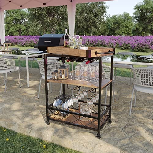 Premium Rolling Bar Cart with 3-Tier Storage Shelves, Wine Rack & Glass Holder - Mobile Home Bar Serving Cart for Liquor, Wine & Cocktails - Perfect for Living Room, Patio or Entertaining Guests