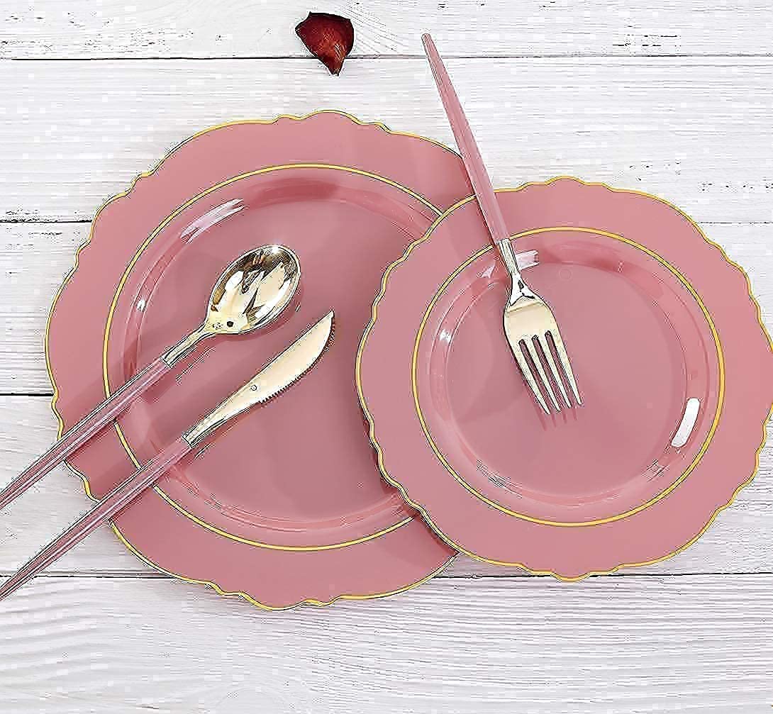 100-Pack Blue Plastic Plates with Gold Rim & Gold Disposable Cutlery Set - Elegant Purple Plastic Plates with Gold Silverware - Perfect for Weddings, Parties, and Catering Events