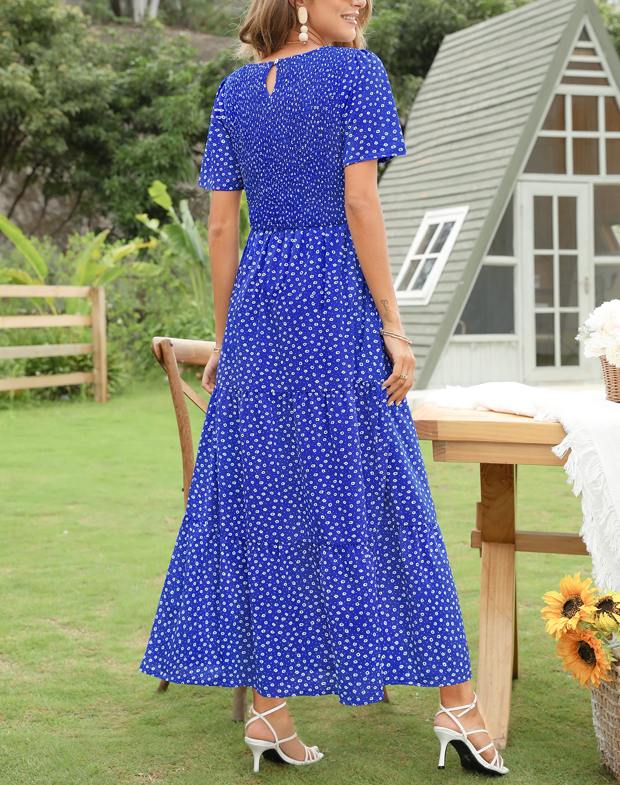 Maggeer Women's 2025 Spring Summer Floral Boho Maxi Dress - Smocked Waist, Short Sleeve, Flowy Wedding Guest Dress for Beach Parties & Garden Events