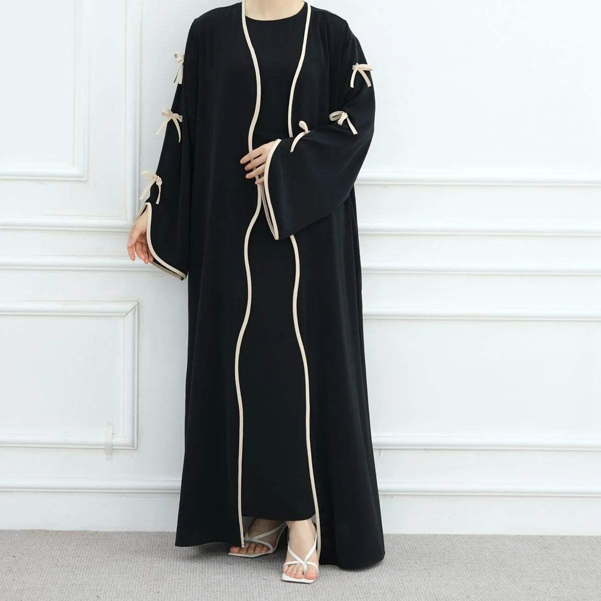 2-Piece Soft Nida Open Abaya Dress Set with Inner Sleeveless Dress - Elegant Muslim Prayer Dress for Women (Beige, #251003) | Perfect for Eid, Ramadan, Mosque & Special Occasions