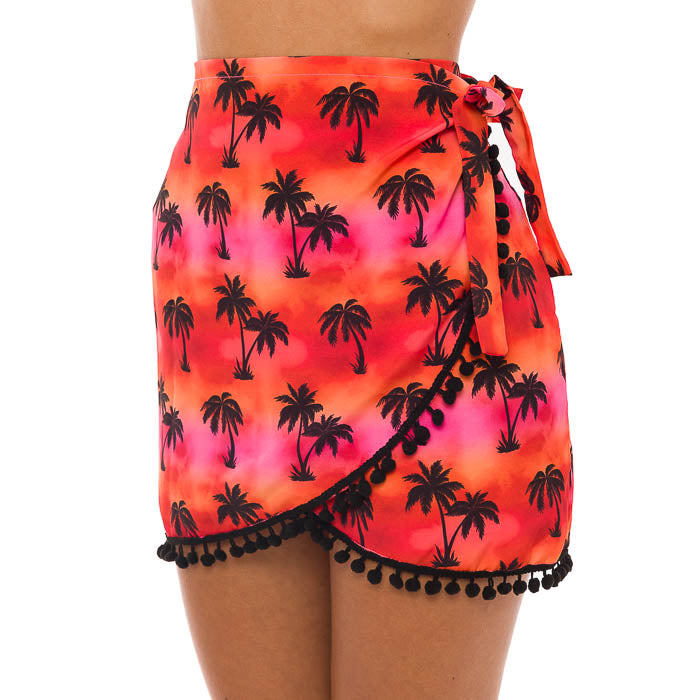 Red Tie Dye Coconut Trees Swim Cover Up Pareo Skirt - Tropical Beach Wrap for Women, Summer Poolside Coverup, Boho Chic Sarong for Vacation