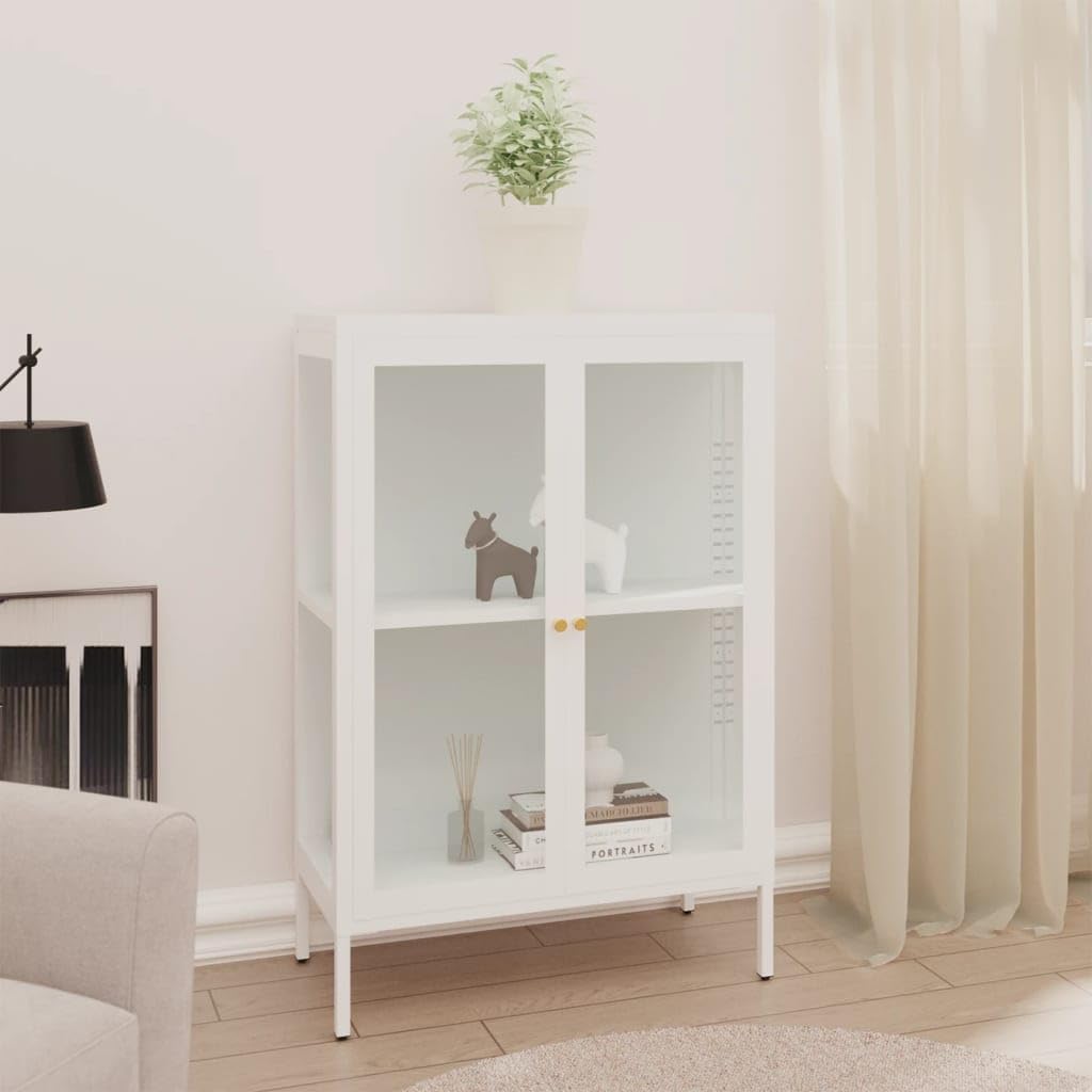 vidaXL Modern White Sideboard - Steel & Glass Storage Cabinet with Adjustable Shelf & Glass Door Compartments | Perfect for Living Room, Dining Room & Home Office Organization