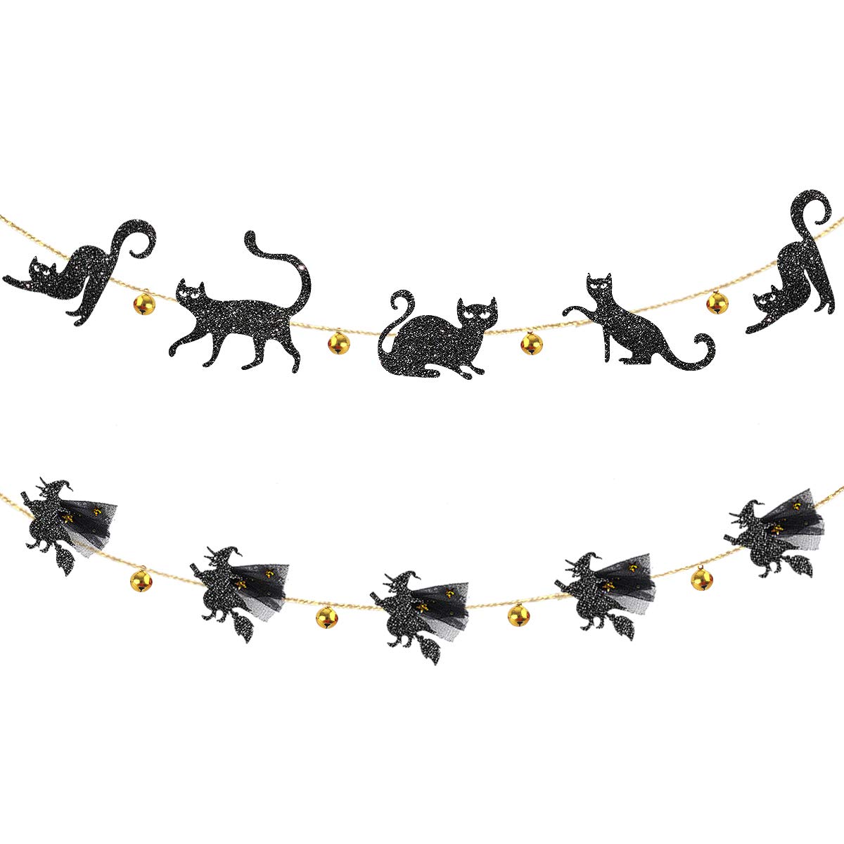 Pinkblume Halloween Party Decorations Kit - Black Cat Banner with Jingle Bells & 3D Flying Witches Garland - Perfect for Halloween, Cat-Themed Parties, Birthdays, Bachelorette & All Hallows Eve Celebrations - Spooky Home & Office Decor