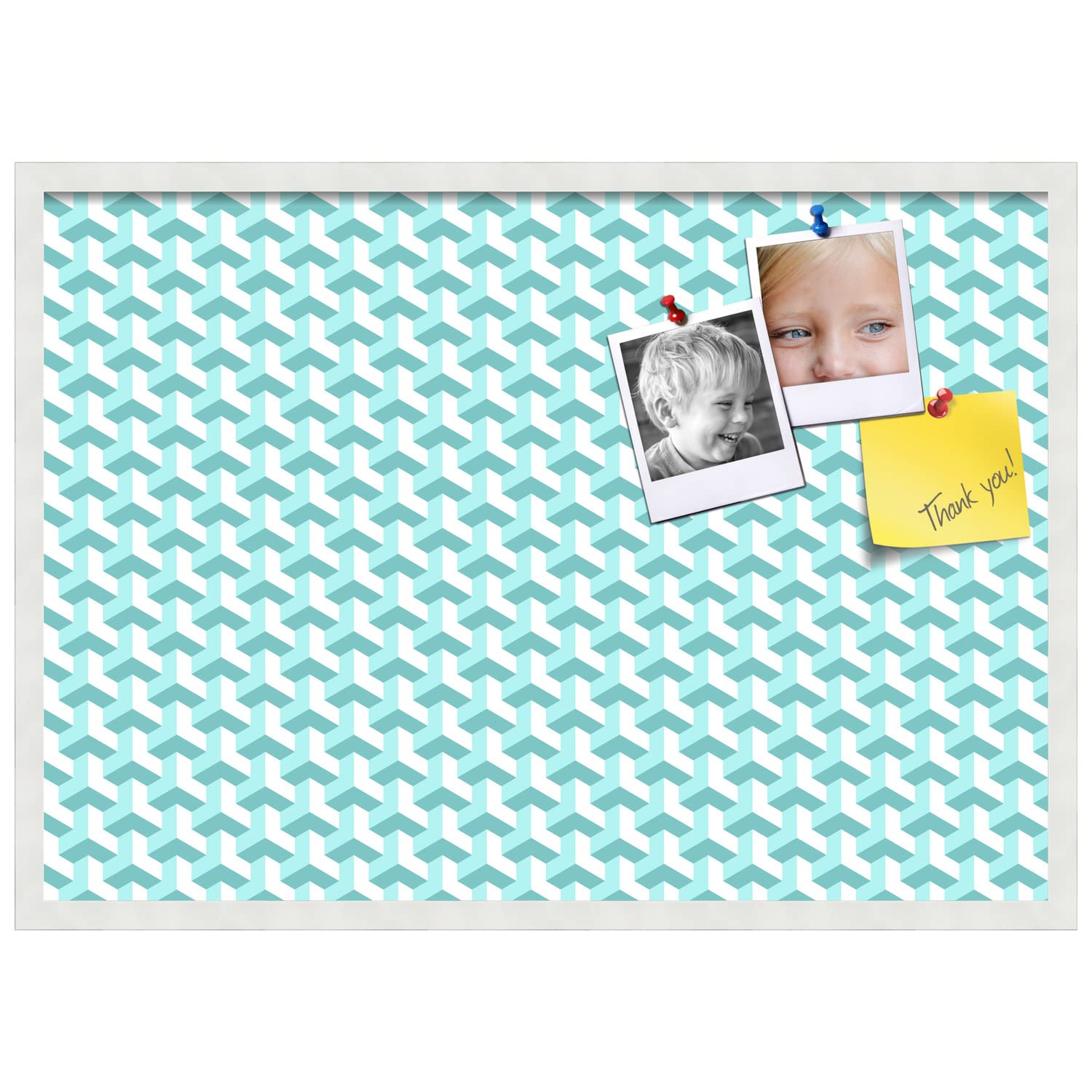 PinPix 34x24 Inch Cork Bulletin Board with BAUS Aqua Design & Satin White Frame - Decorative Wall Pin Board for Home Office Decor, School Classroom, Dorm Room & Workspace Organization