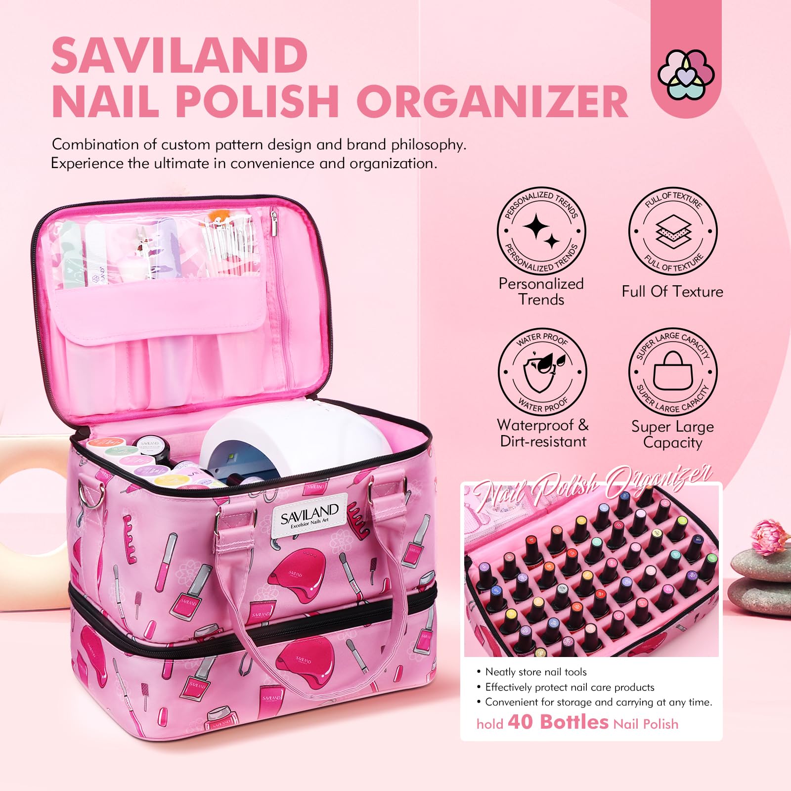 SAVILAND Professional Nail Polish Organizer Bag - Double Layer Portable Storage Case Holds 40 Bottles & Nail Lamp | Perfect for Nail Technicians, Salon Professionals & Travel | Durable Nail Supplies Organizer for Home & Mobile Nail Services
