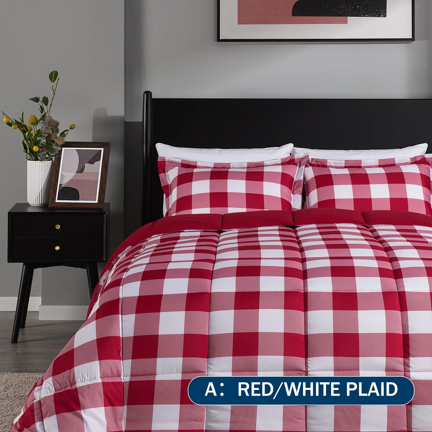Downluxe Lightweight Plaid Comforter Set Queen Size - 3-Piece Reversible Down Alternative Bedding with 2 Pillow Shams - Red & White Checkered Design for Cozy Bedroom Decor