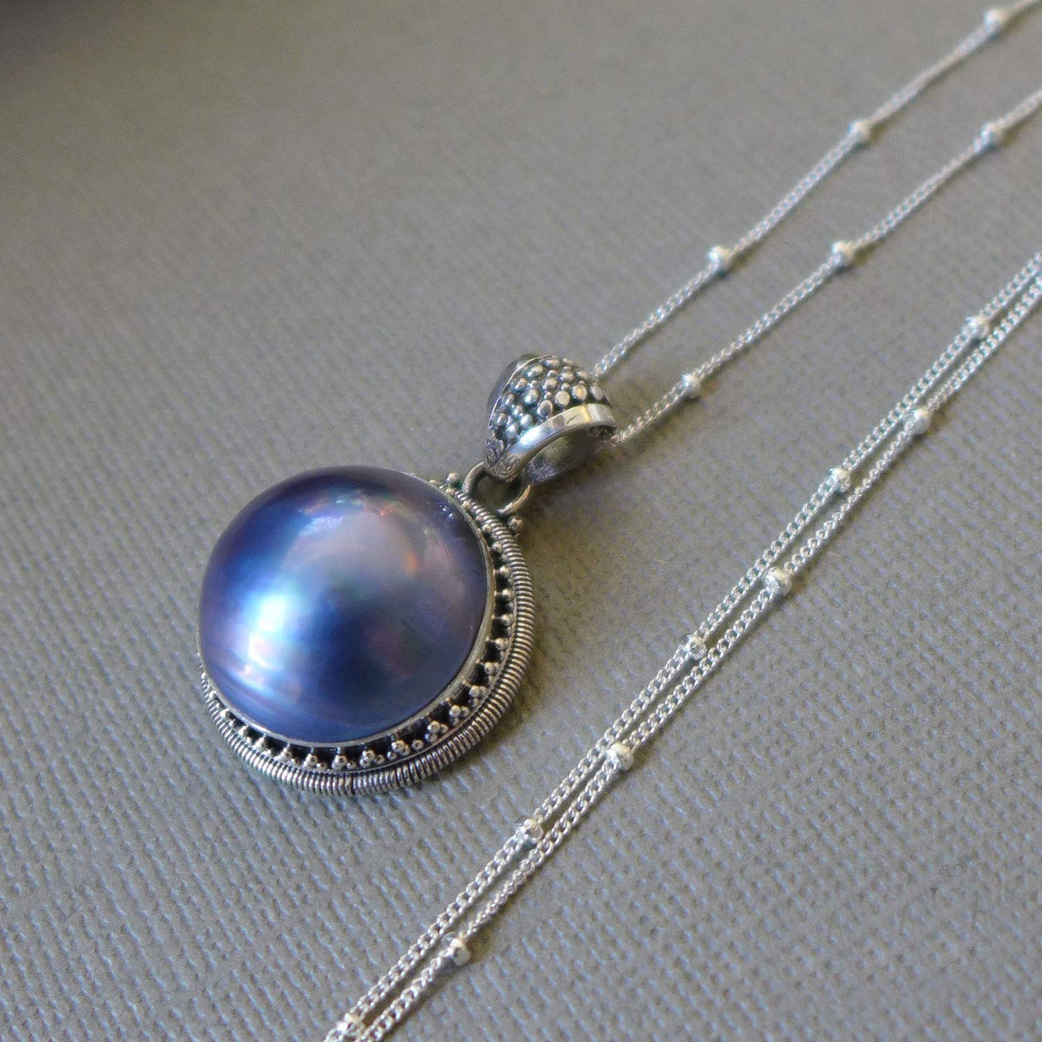 Elegant Purple Grey Mabe Pearl Bali Sterling Silver Pendant Necklace - 20 Inch Chain for Women | Perfect for Weddings, Parties & Special Occasions