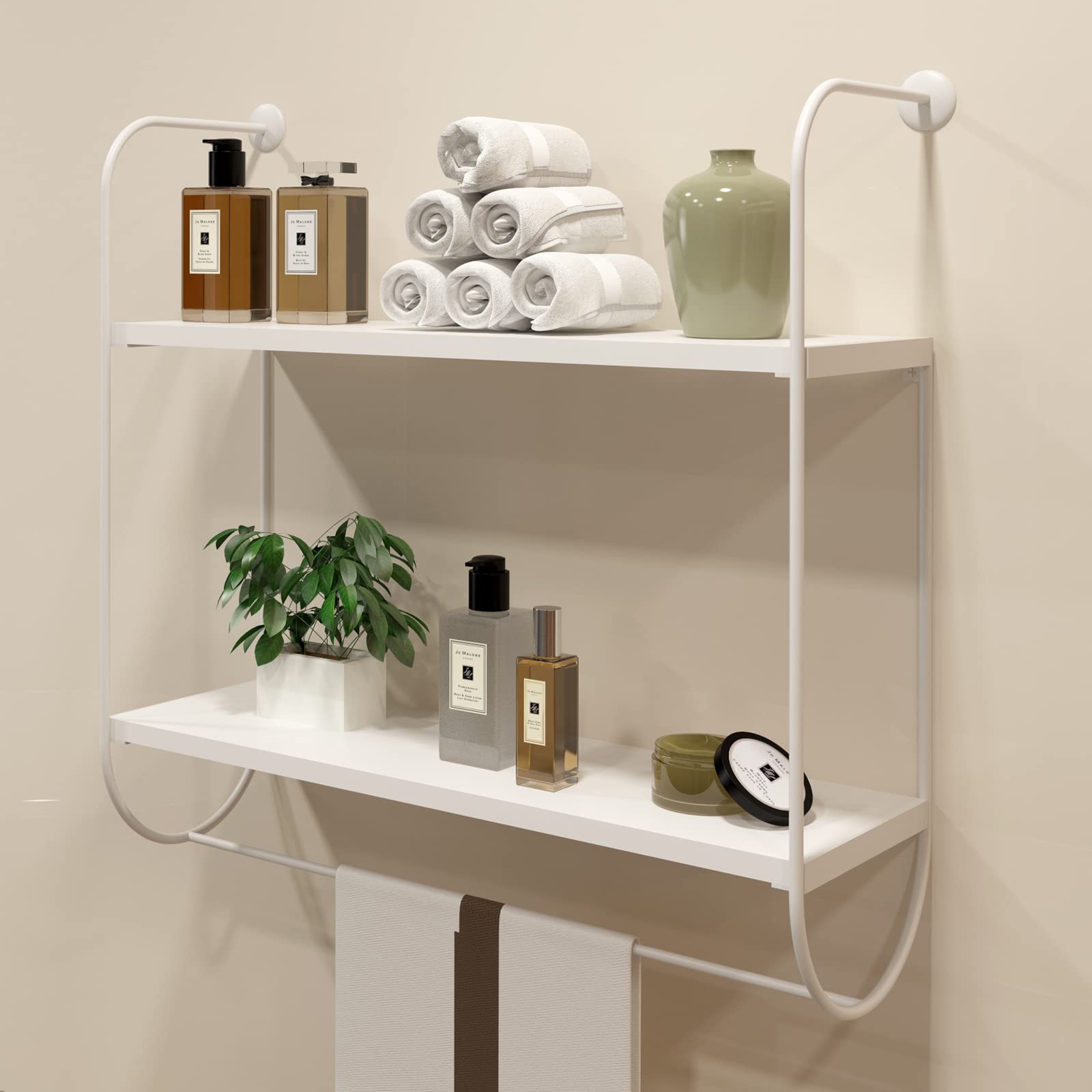 WELLAND 2-Tier White Wall Mounted Bathroom Shelf with Towel Rack - 17 Inch Floating Shelves for Toilet Storage - Space Saving Bathroom, Living Room & Kitchen Organization - Perfect for Small Spaces, Apartments & Home Decor