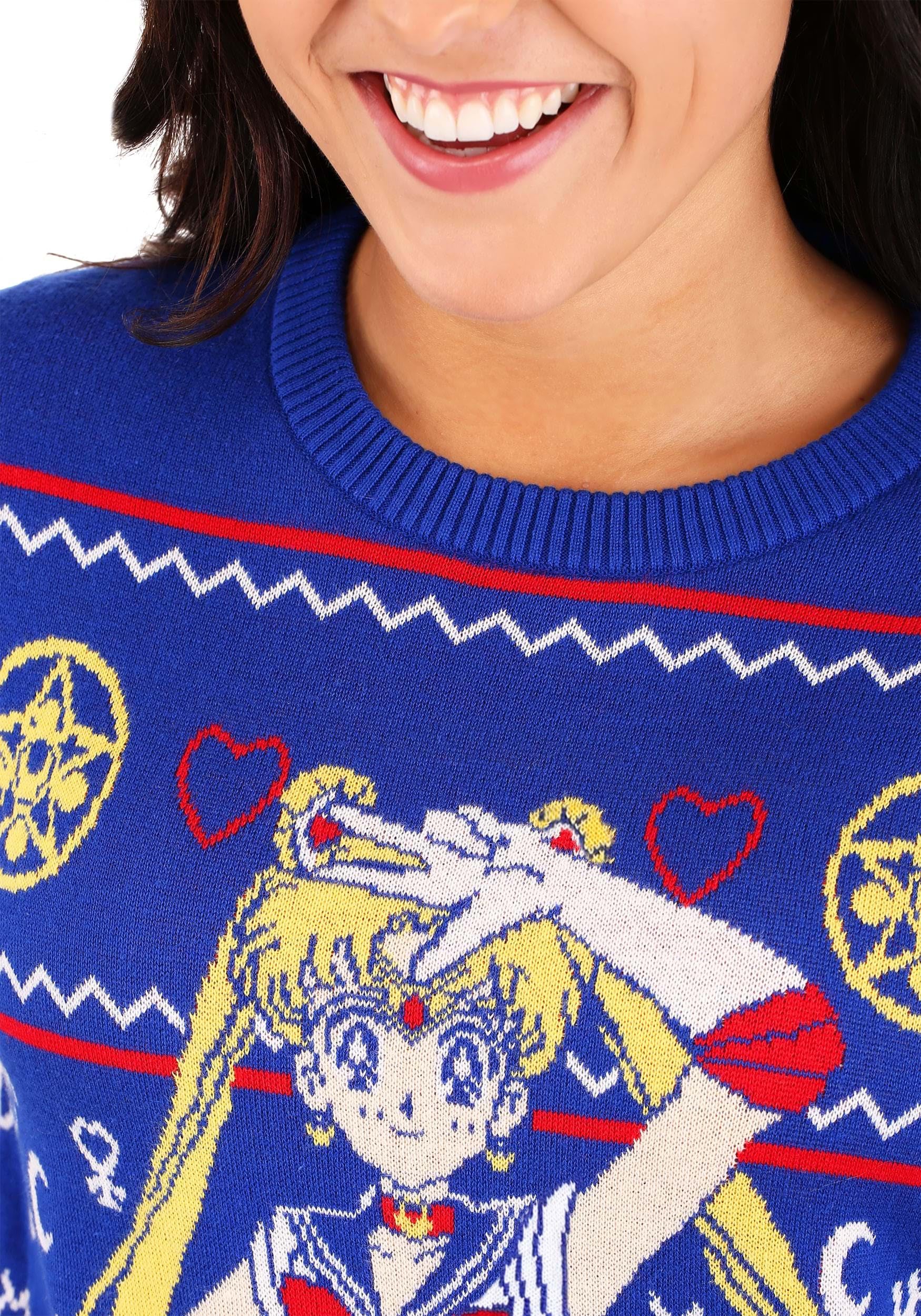 Sailor Moon Ugly Christmas Sweater for Adults - Japanese Anime Holiday Crewneck Sweatshirt - Festive Xmas Pullover for Anime Fans, Cosplay & Holiday Parties