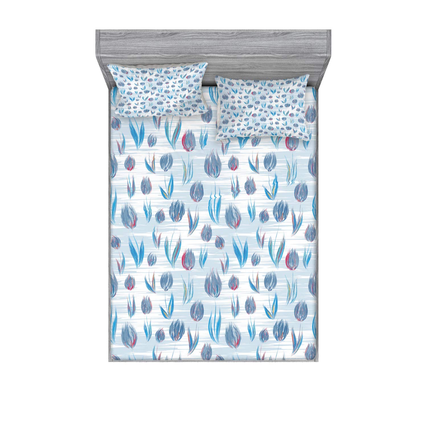 Ambesonne Tulip Printed 3-Piece Queen Bedding Set - Fitted Sheet & Pillow Shams with Vibrant Tiled Tulip Design in Blue | Perfect for Spring Bedroom Decor, Guest Room Makeover & Boho Chic Home Styling