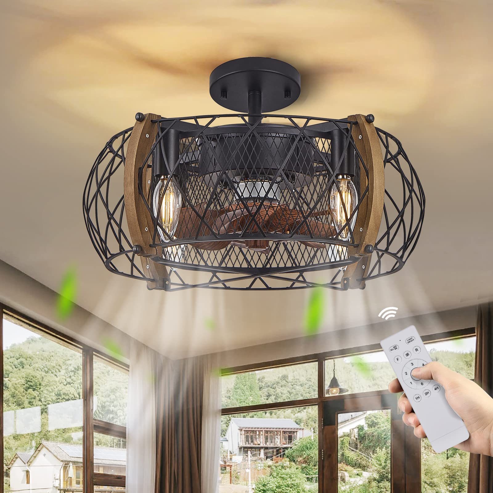 17 Inch Black Industrial Flush Mount Ceiling Fan with Lights & Remote Control - Farmhouse Style Caged Ceiling Fan for Kitchen, Bedroom, Dining Room | Perfect for Home Cooling & Decoration