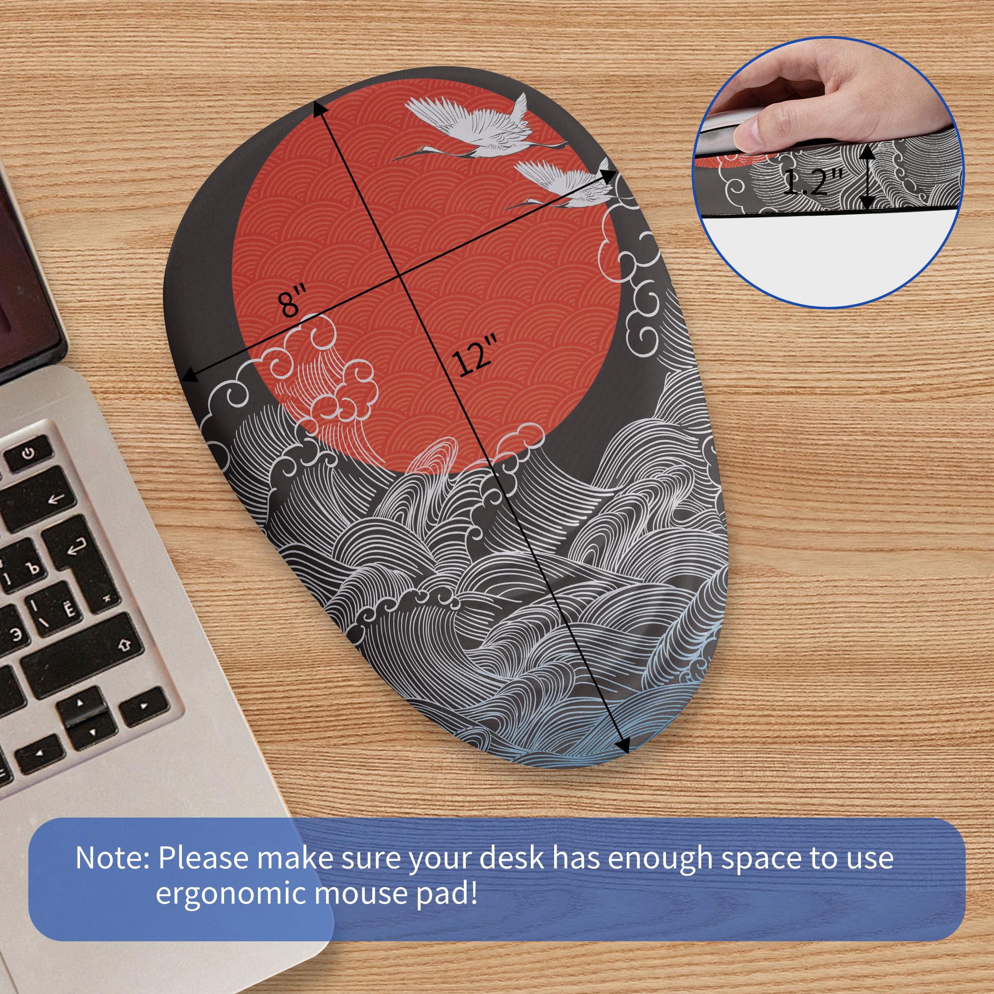Ergonomic Mouse Pad with Memory Foam Wrist Support - Anti-Slip PU Base for Pain Relief - Compatible with Laptop & Desktop Computers (12x8x1.2inch, Japanese Sunrise Design) - Perfect for Office Work, Gaming & Long Computer Sessions