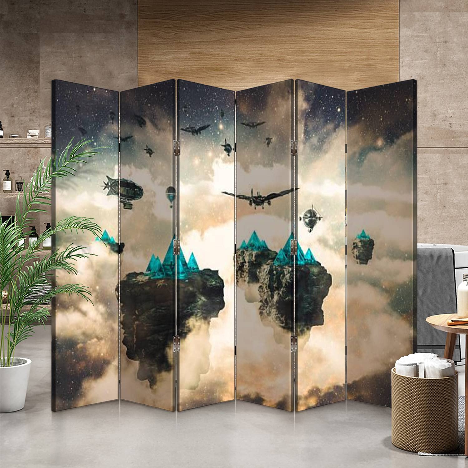 Steampunk Fantasy Floating Islands & Spacecrafts Canvas Room Divider - 6-Panel Folding Privacy Screen for Bedroom, Office & Living Room Partition