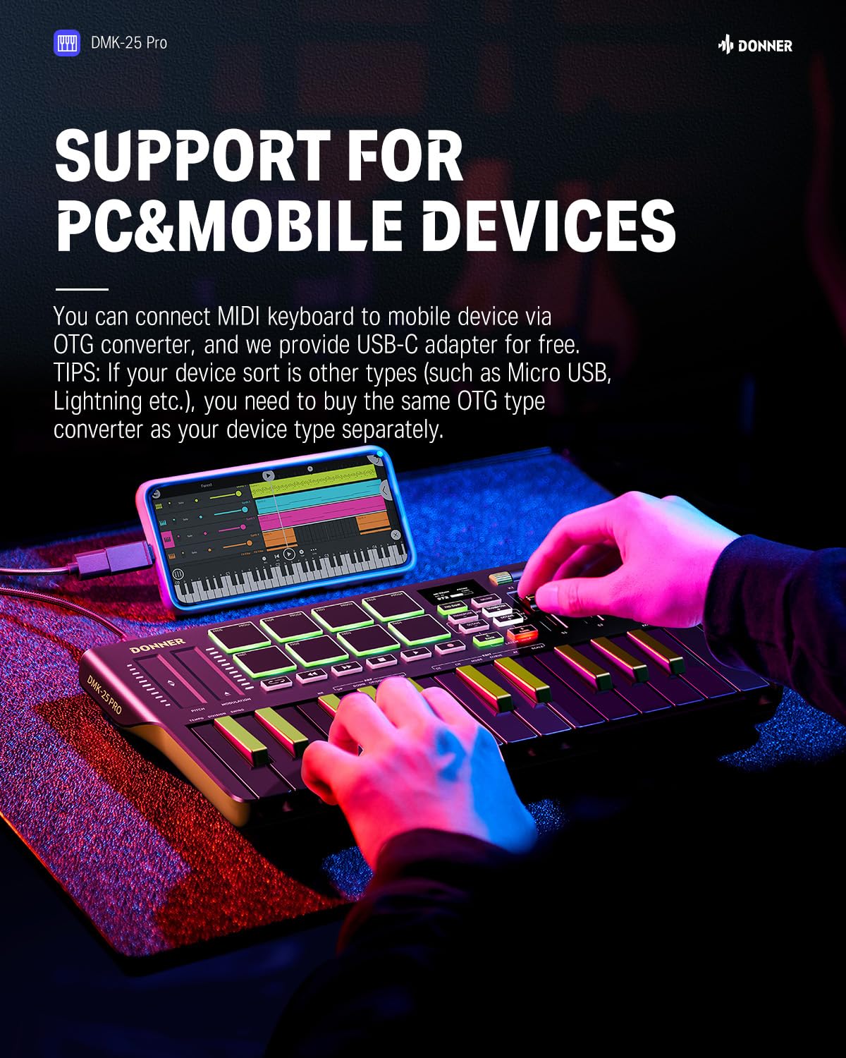 Donner DMK25 Pro 25-Key MIDI Keyboard Controller with USB-C, 8 Drum Pads & OLED Display - Portable Music Production Keyboard for Beginners with Touch Bar, Software & 40 Lessons - Perfect for Home Studio & Live Performances (Green)
