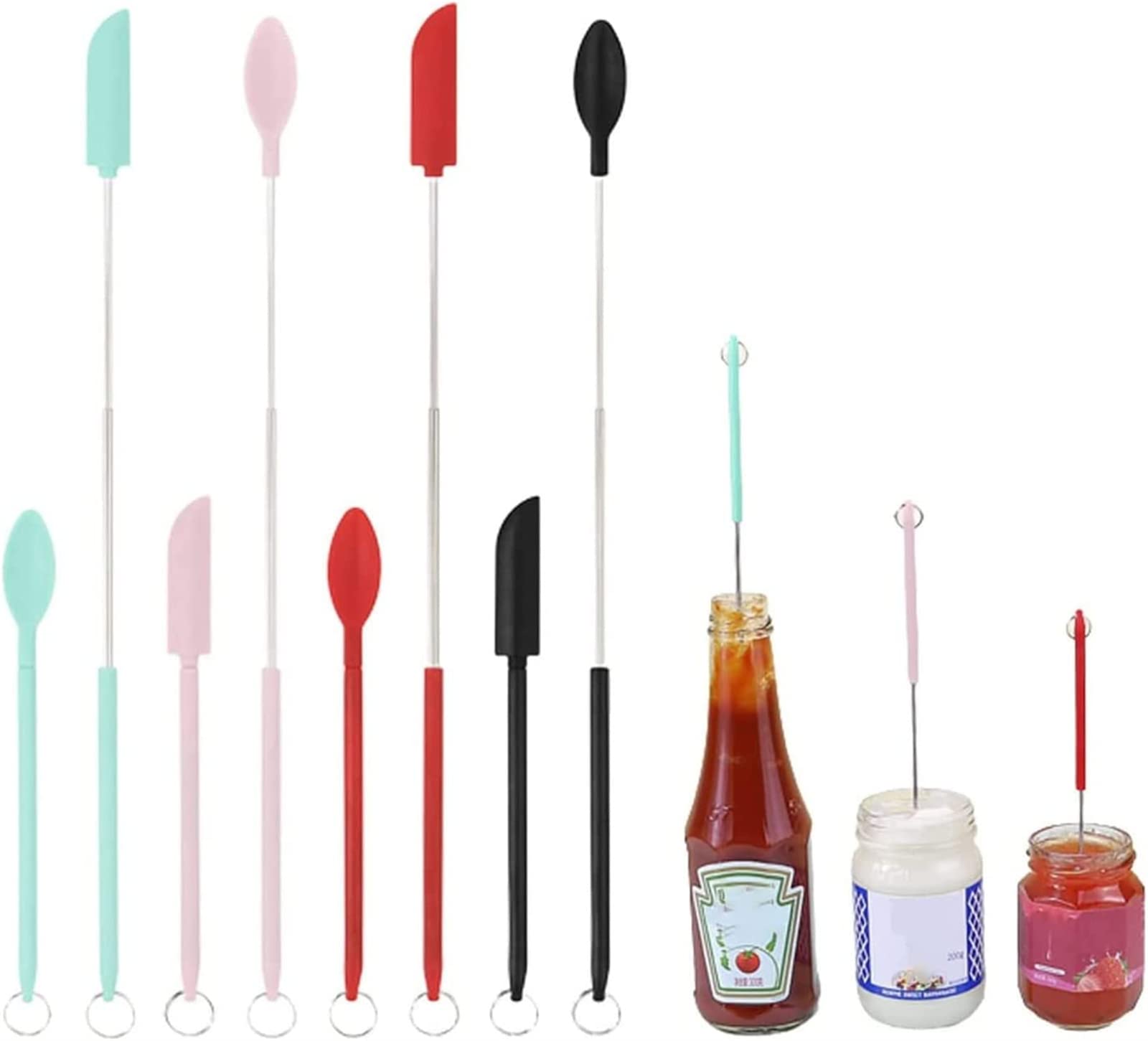 8Pcs Mini Silicone Telescopic Spatula & Scooping Spoon Set - 2022 Upgraded Reusable Kitchen & Makeup Tool for Jars, Bottles, Cooking & Beauty (Perfect for Scooping Creams, Lotions & Cosmetics)
