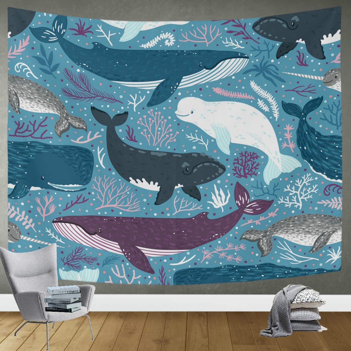 DOMIKING Whales Marine Ocean Animals Tapestry Wall Hanging - 60x51in Bedroom Decor, Living Room Wall Art for Boho Home Decor | Perfect for Dorm, Bedroom, Living Room & Party Backdrop