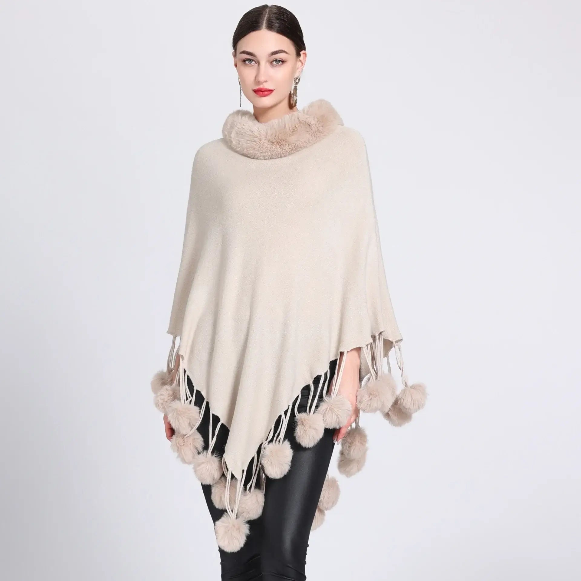 Women's Fashion Asymmetric Poncho Scarf with Soft Fur Ball Trim - Cozy Winter Wrap for Outdoors, Travel & Casual Wear