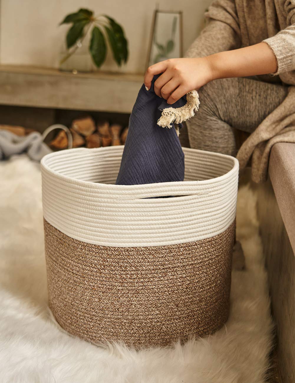 Goodpick Small Woven Storage Basket with Handles - Set of 2, Large Blanket Basket & Toy Organizer for Nursery, Living Room, and Bedroom Storage