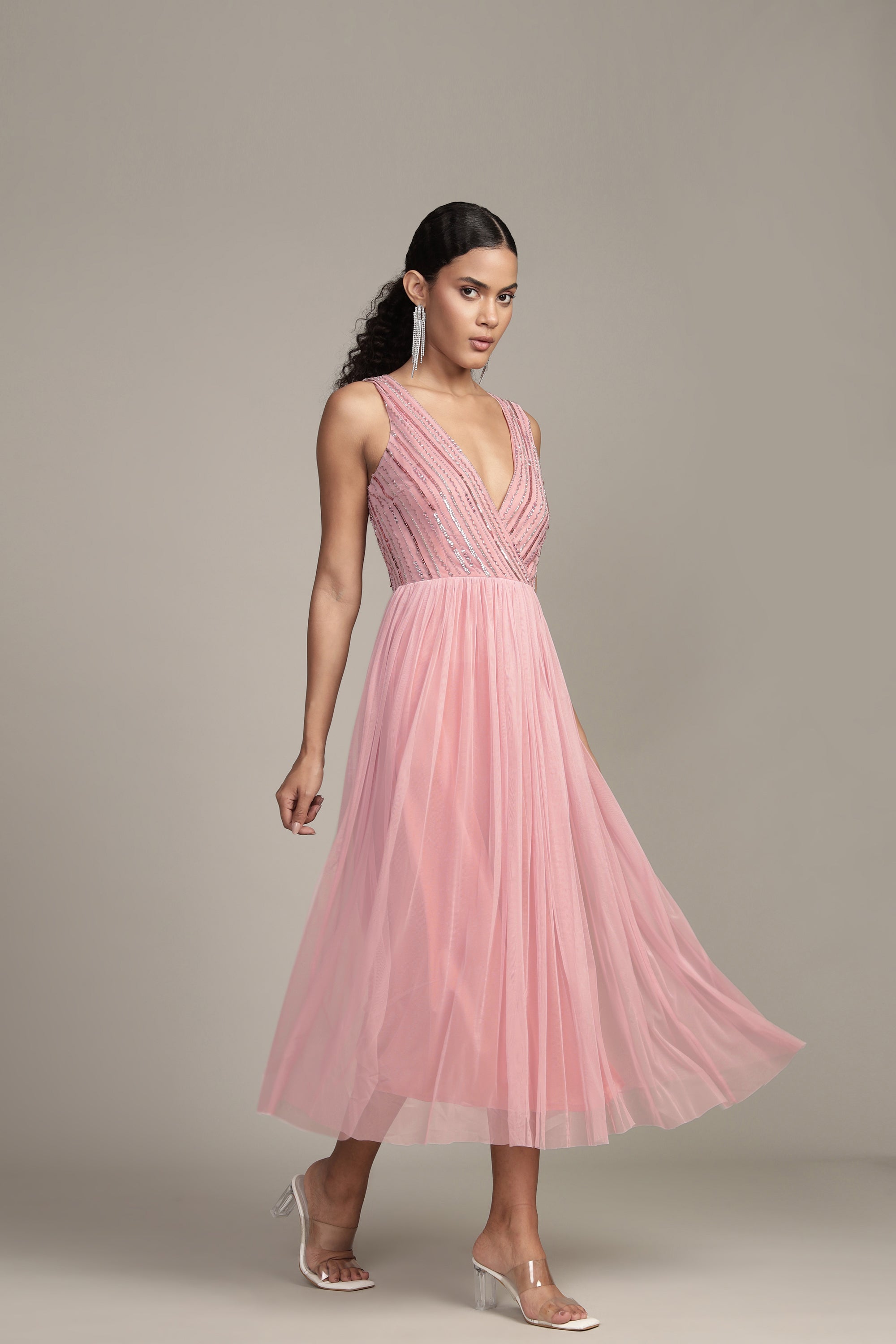 Millie Midi Embellished Dress for Women - Elegant Pink Floral Party Dress | Perfect for Weddings, Cocktails & Special Occasions