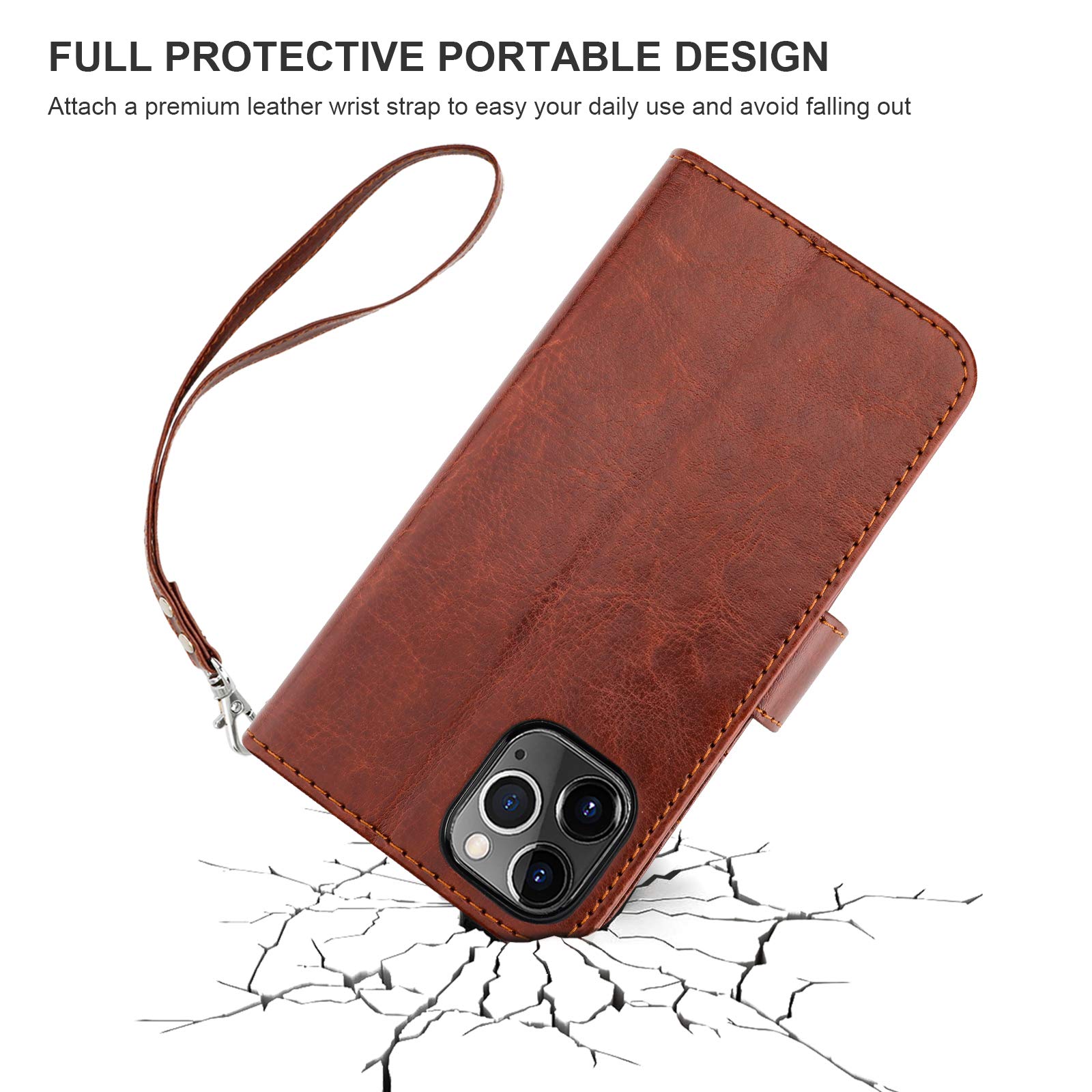 Magnetic Detachable PU Leather Wallet Case for iPhone 11 Pro Max (6.5 inch) - Shockproof Flip Cover with Card Holder, Kickstand & Wrist Strap - Brown | Perfect for Work, Travel & Everyday Protection