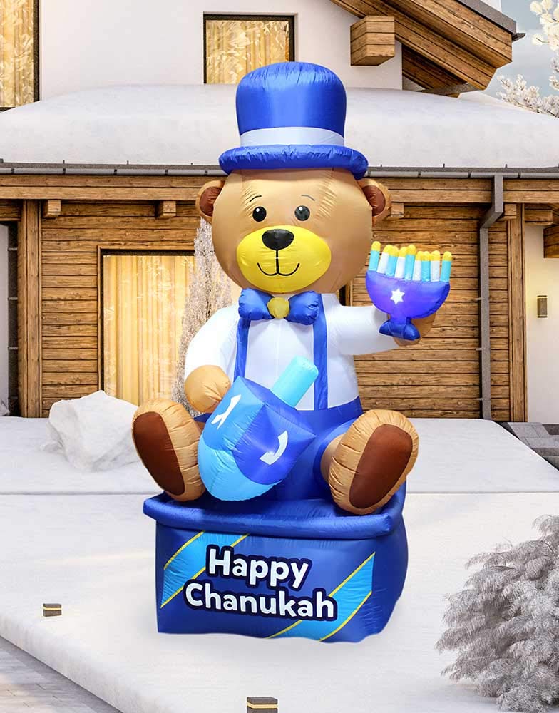 8' Inflatable Hanukkah Bear Yard Decoration with Built-in LED Lights - Multi-Blue Chanukah Indoor/Outdoor Decor - Includes Air Blower & Tie-Down Stakes - Perfect for Hanukkah Lawn, Garden, and Holiday Party Decorations