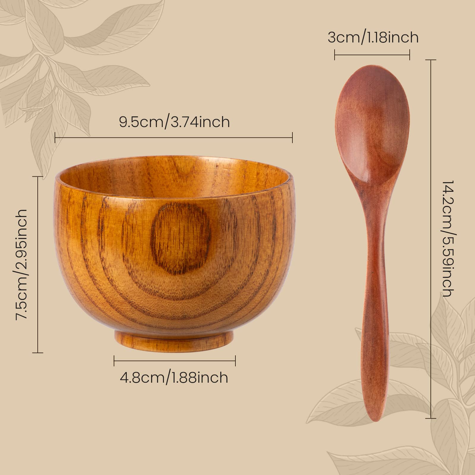 NUOMI 2-Piece Wooden Bowl Set with Wooden Spoons - Natural Small Serving Bowls for Desserts, Snacks, Soup & Salads - Perfect for Kitchen, Dining Table & Picnic Use