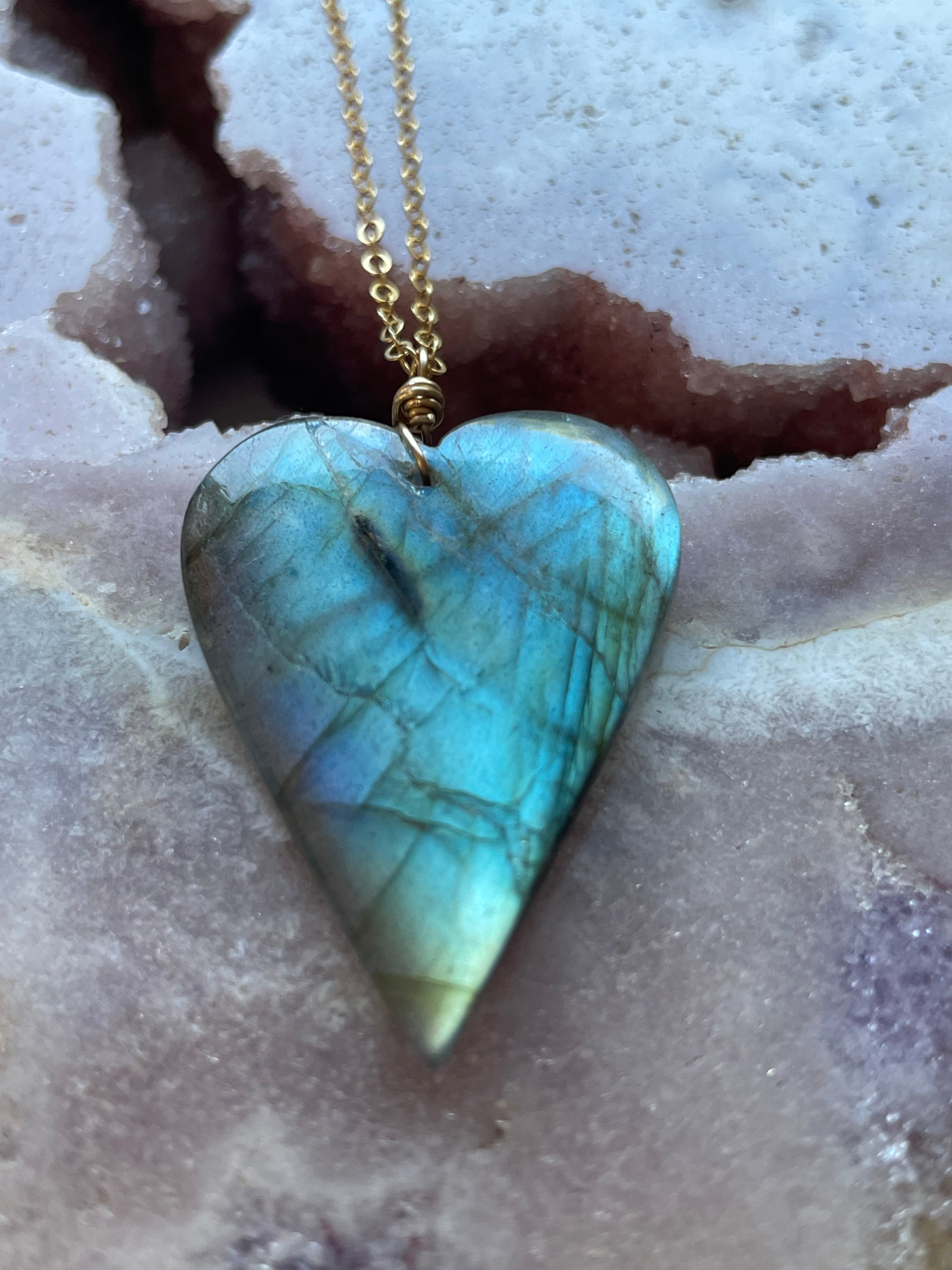 Labradorite Heart Pendant Necklace in Gold - Healing Crystal Jewelry for Women, Spiritual Gift for Meditation & Energy Protection