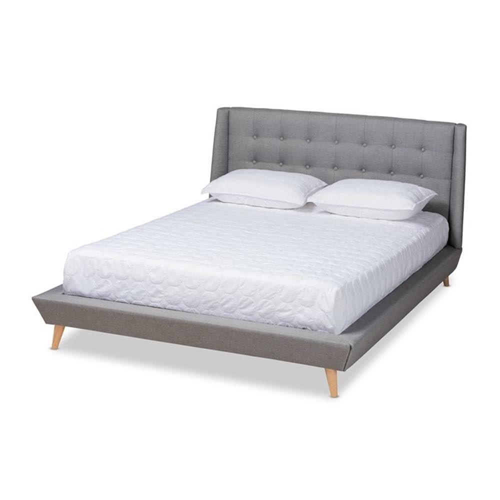 BOWERY HILL King Size Grey Upholstered Wingback Platform Bed Frame with Solid Wood Slats - Elegant Modern Bedroom Furniture for Master Suite or Guest Room