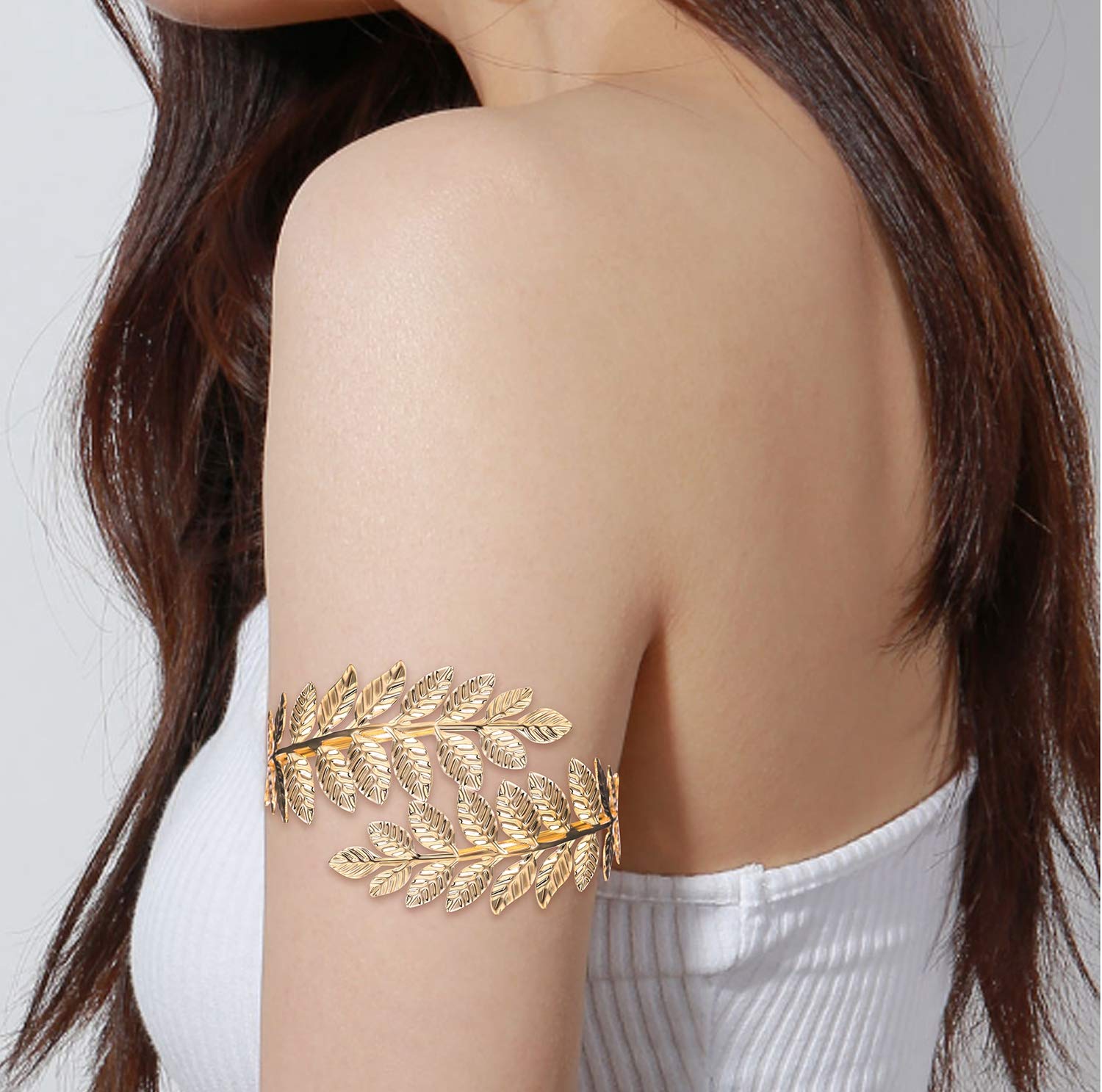 FINREZIO Greek Goddess Headband & Arm Cuff Set - Roman Laurel Leaf Crown & Adjustable Armlet Bracelet for Bridal, Wedding, Cosplay & Festival Costume Accessories
