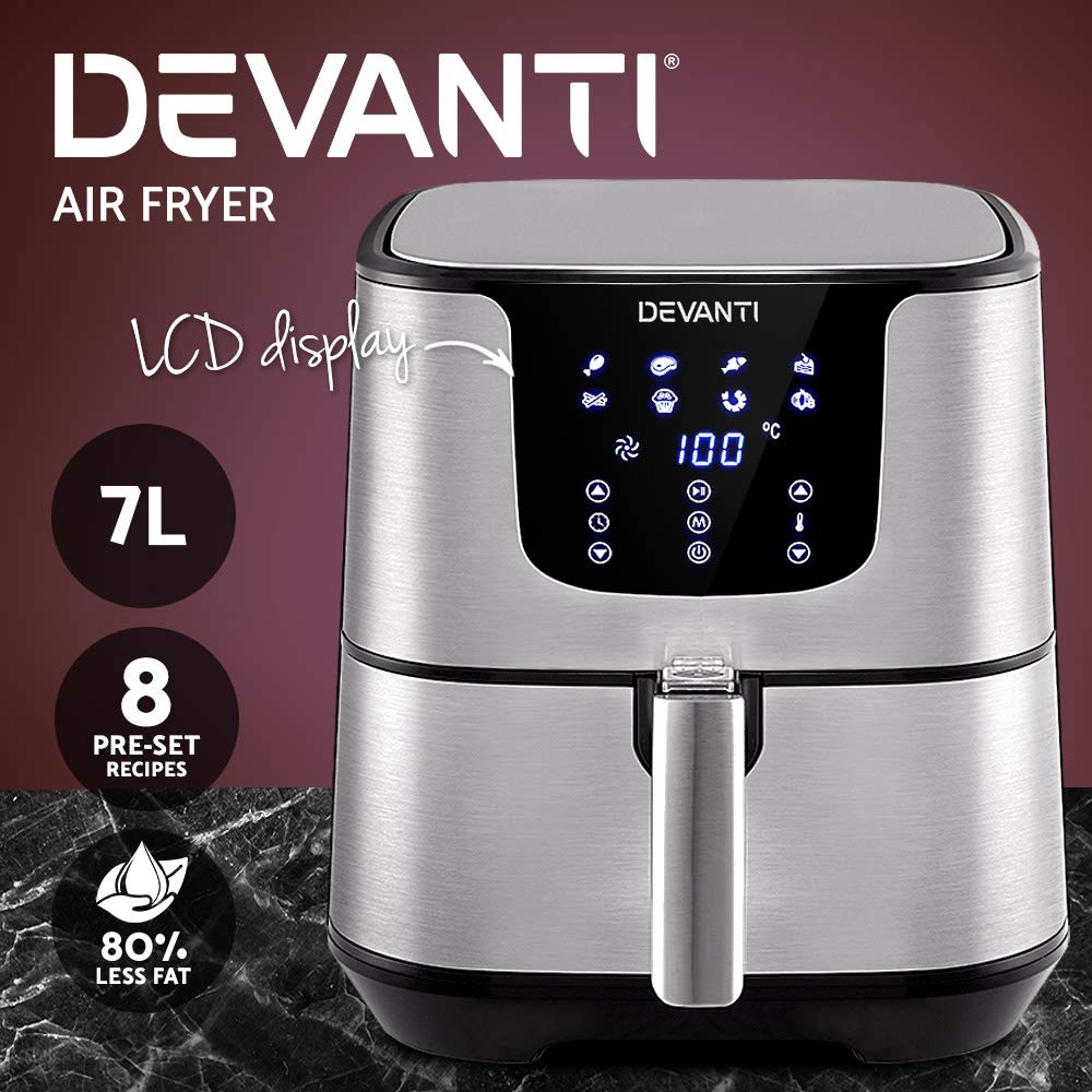 Devanti 7L Air Fryer with LCD Display - Oil Free Healthy Cooking, Large Capacity Air Fryer Oven for Family, Silver - Perfect for Crispy Fries, Chicken Wings & Baking at Home
