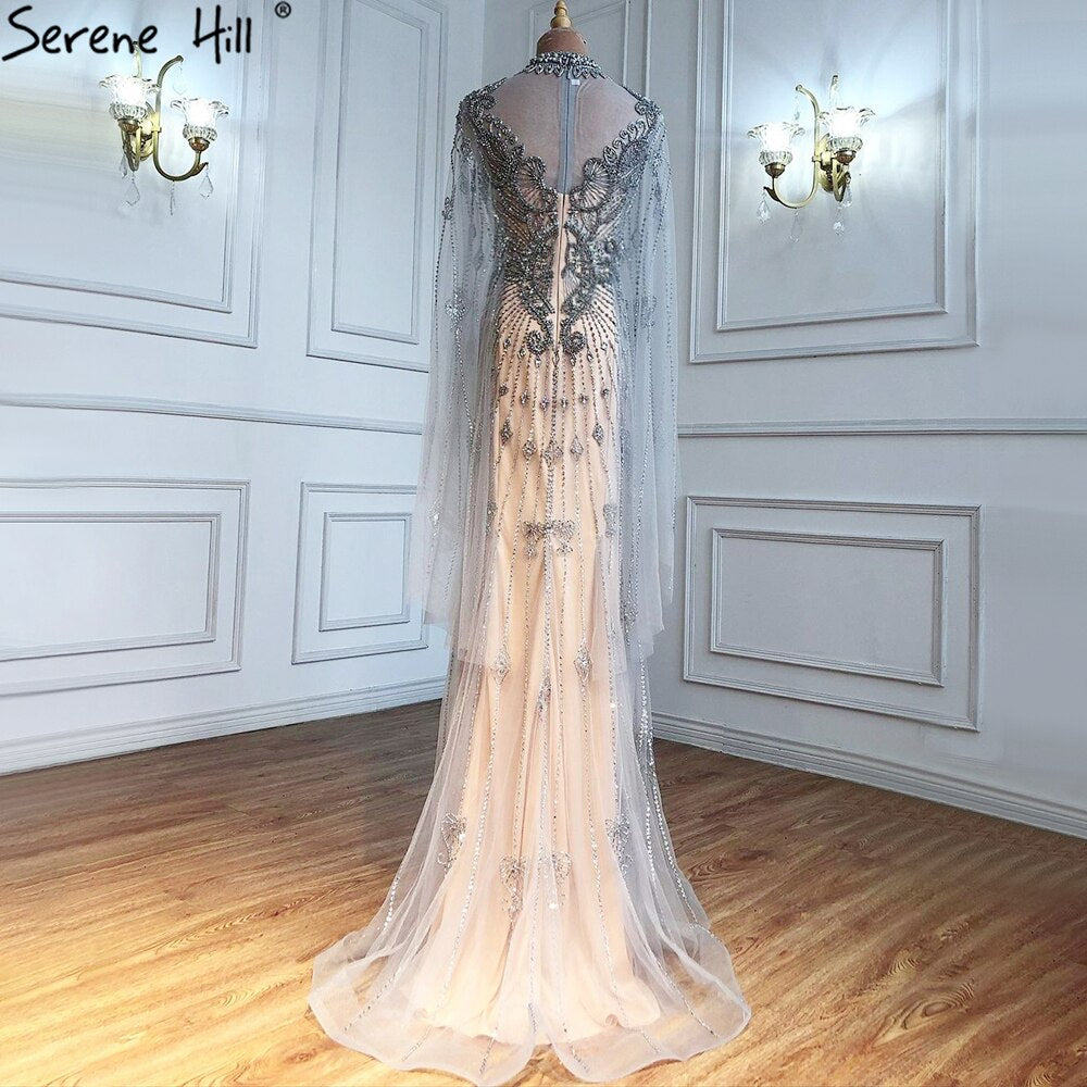 Serene Hill 2025 Luxury Grey Nude Cape Sleeve Beaded Mermaid Evening Gown - Elegant Sexy Women's Formal Dress for Prom, Gala & Special Occasions