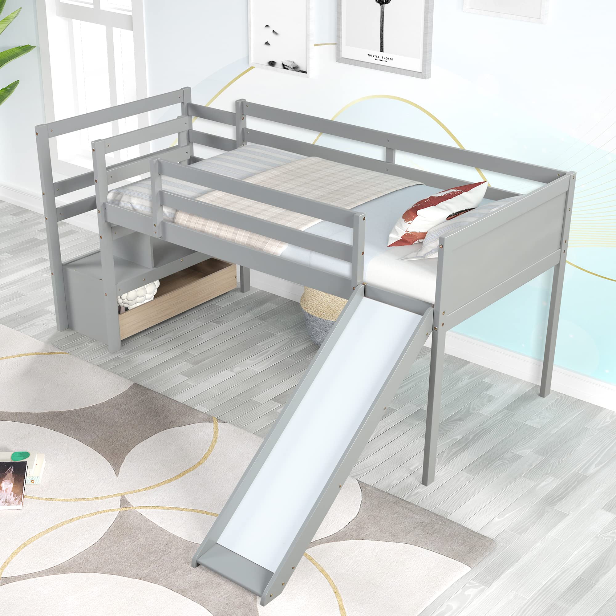 **Twin Loft Bed with Stairs & Slide - Wooden Kids Loft Bed with Storage Drawer, Shelf & Safety Guardrails - Low Junior Loft Bed Frame for Girls & Boys - No Box Spring Needed - Grey - Perfect for Small Bedrooms & Playrooms**