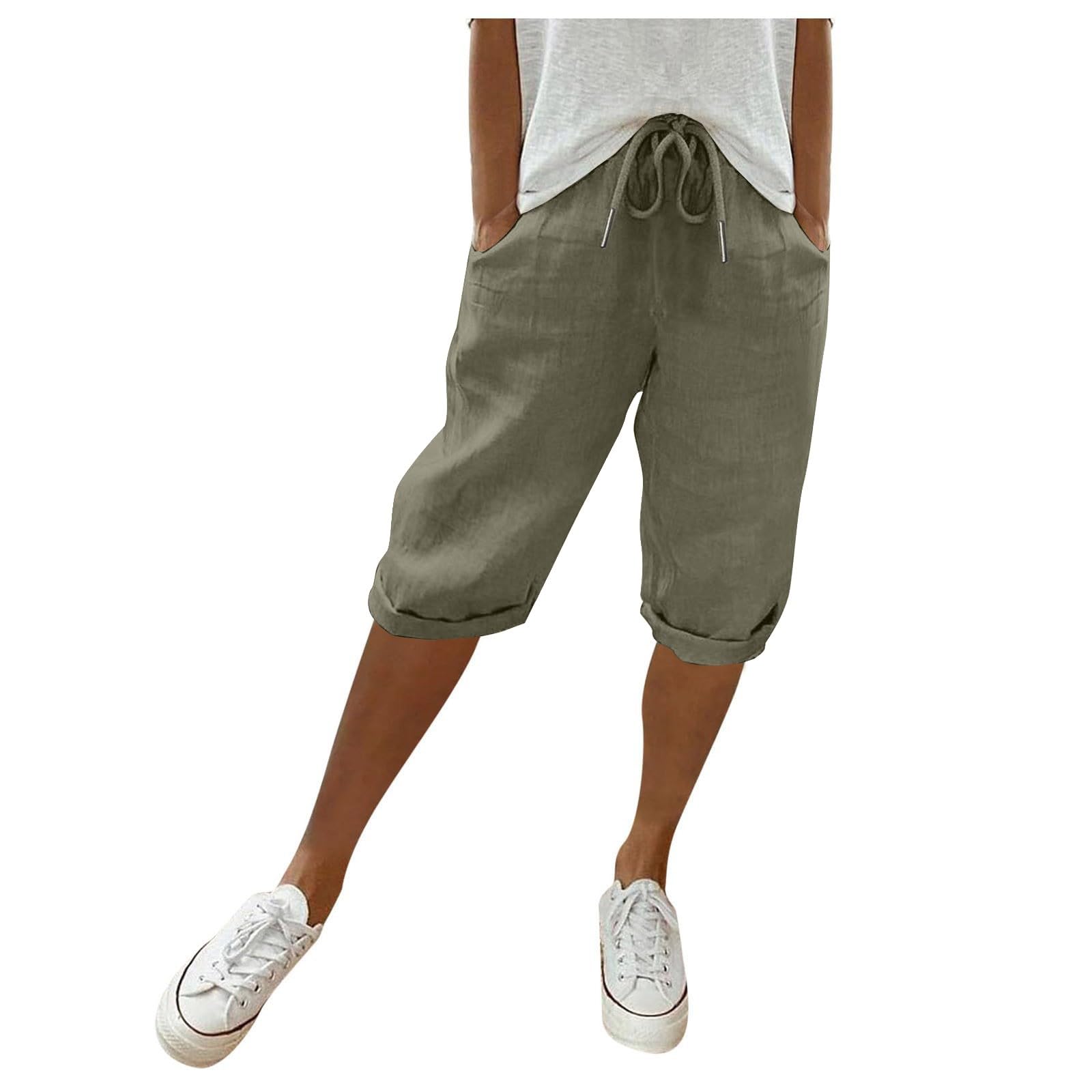 Women's Linen Bermuda Shorts - High Waisted Summer Shorts with Pockets for Beach & Lounge
