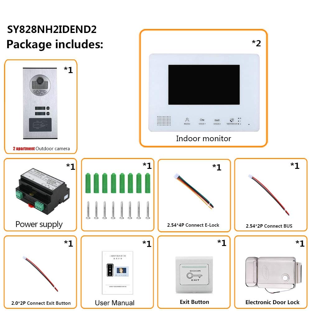 2-Wire Video Door Phone Intercom System Kit - 7 Inch LCD Screen with Night Vision, Compatible with Electronic Door Locks - Ideal for Apartments, Homes & Offices (2 Units)