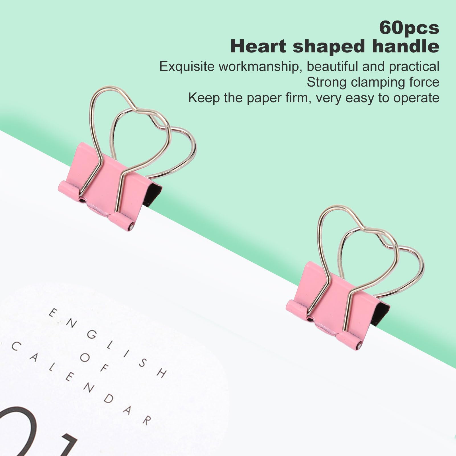 Aladeno 60pcs Heart-Shaped Binder Clips - Pink Office Supplies with Strong Clamping Force for Paper, Tickets, Clothes - Perfect for School, Office & Home Organization